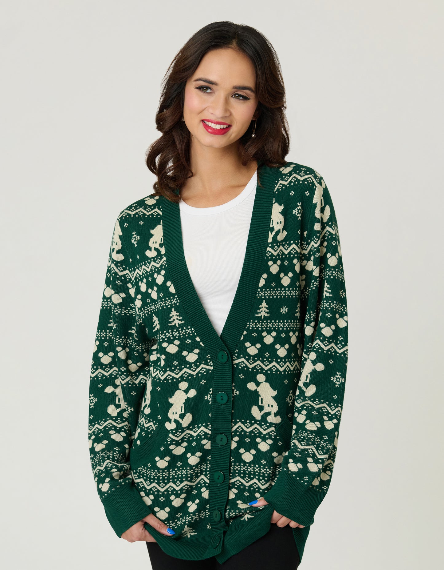 Disney Holiday Collection by Unique Vintage Green Winter Mickey Fair Isle Cardigan