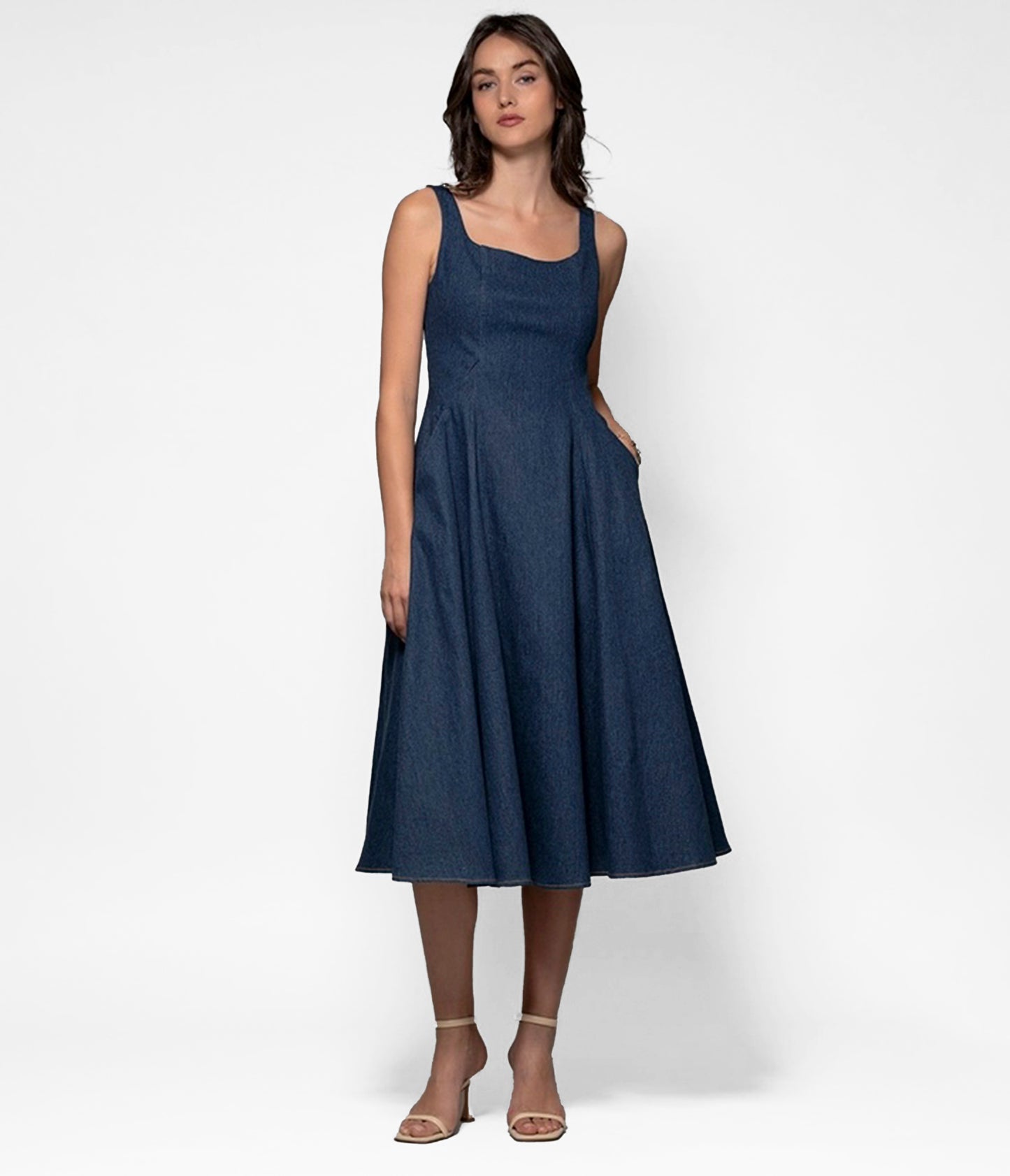 Denim Square Neck A-Line Midi Dress