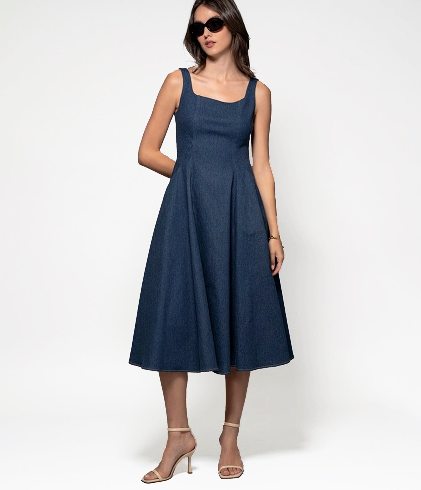Denim Square Neck A-Line Midi Dress