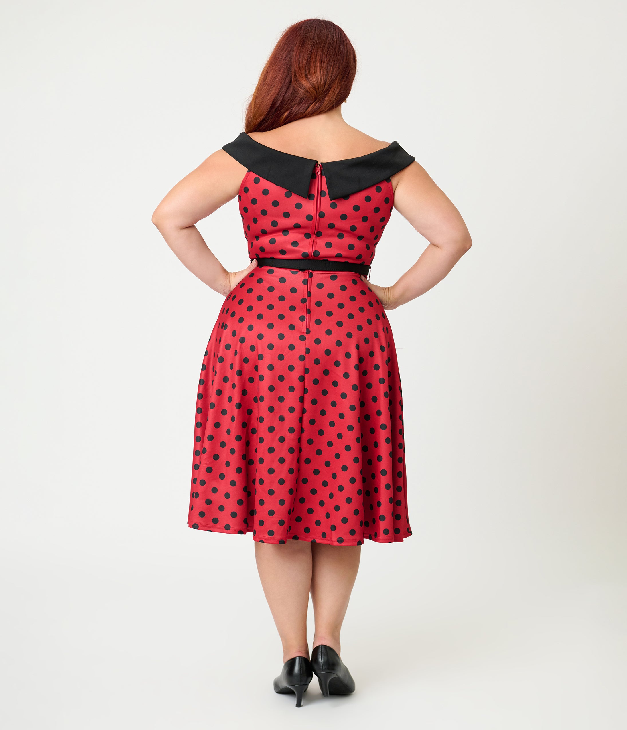 Unique Vintage Plus Size Red & Black Polka Dot Off the Shoulder Swing Dress