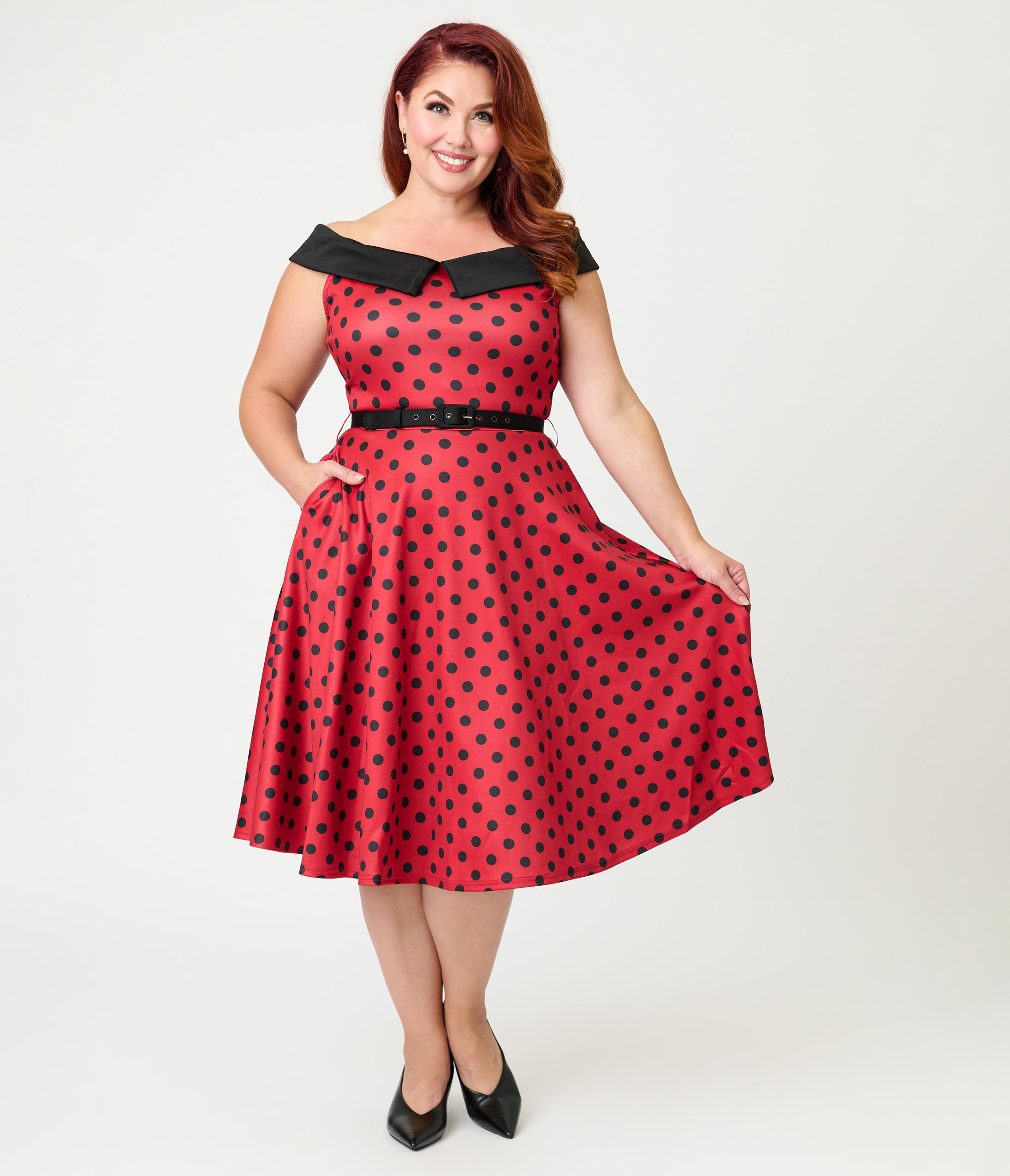 Unique Vintage Plus Size Red & Black Polka Dot Off the Shoulder Swing Dress