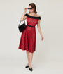 Unique Vintage Red & Black Polka Dot Off the Shoulder Swing Dress