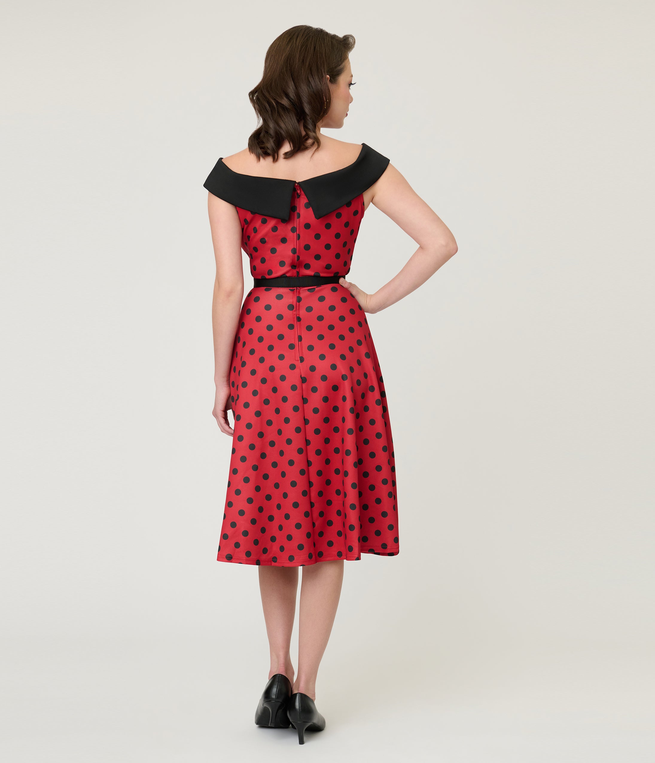 Unique Vintage Red & Black Polka Dot Off the Shoulder Swing Dress