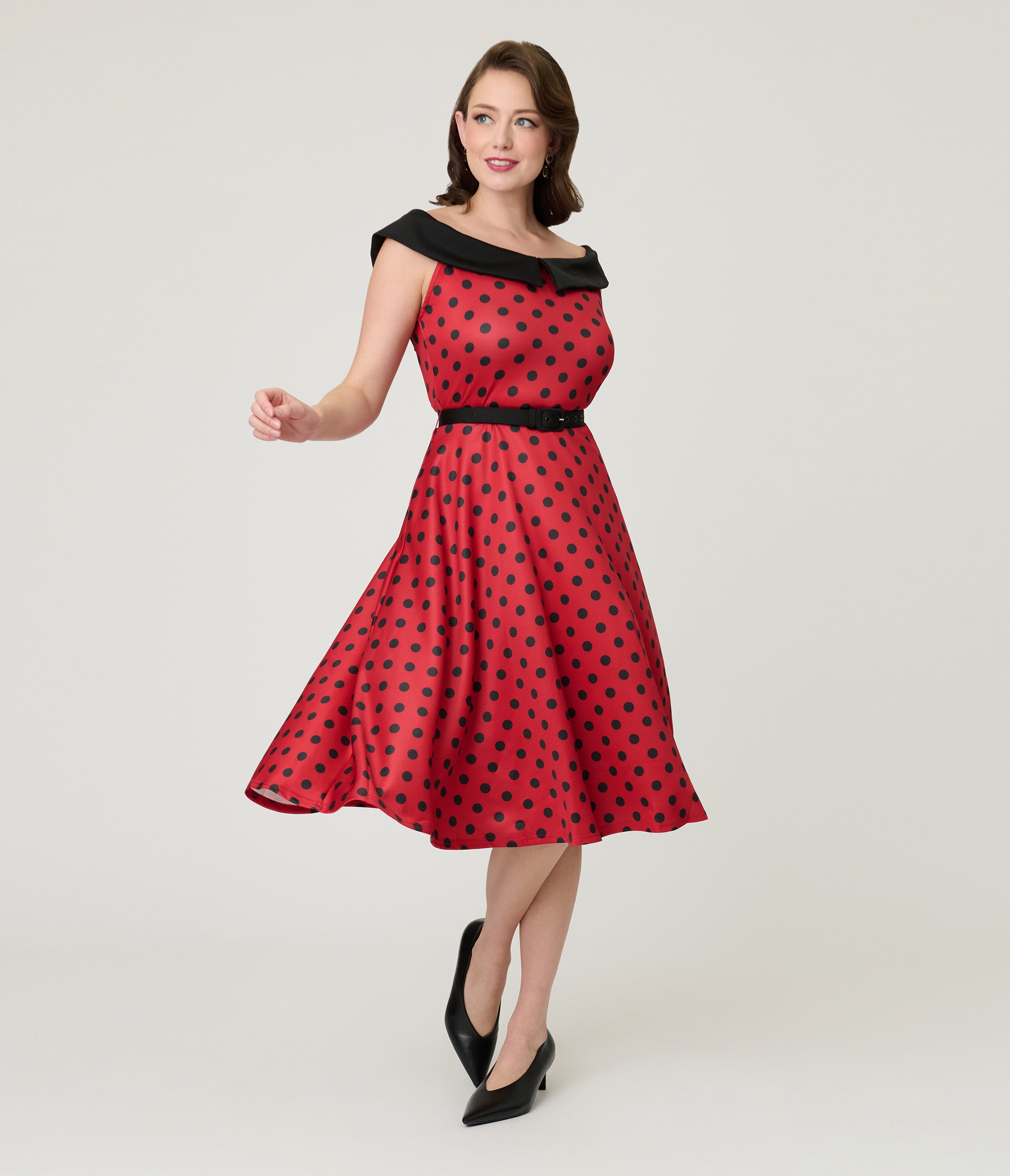Unique Vintage Red & Black Polka Dot Off the Shoulder Swing Dress