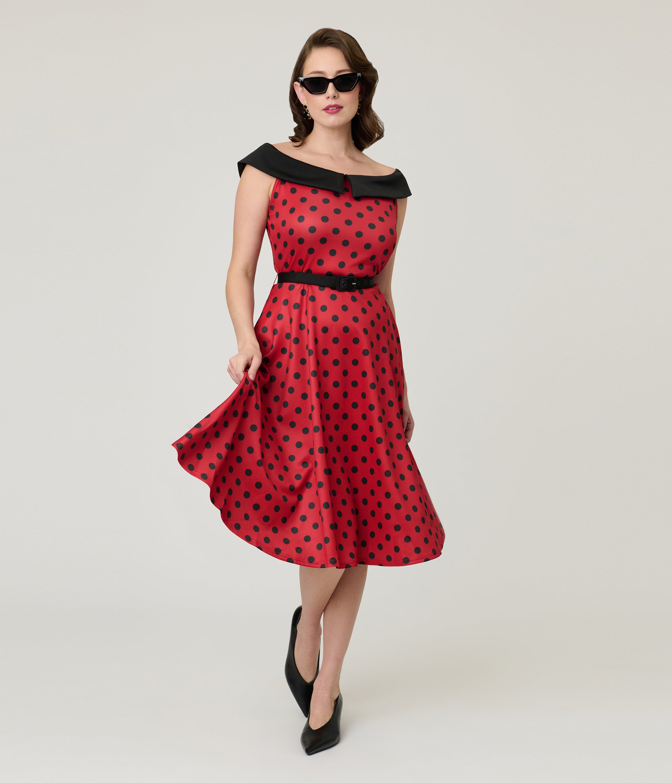 Unique Vintage Red & Black Polka Dot Off the Shoulder Swing Dress