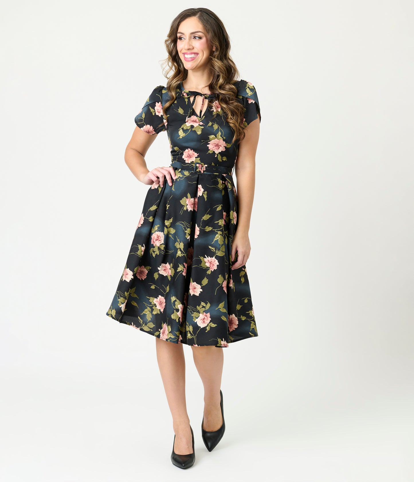 Unique Vintage Black & Pink Floral Dahlia Swing Dress