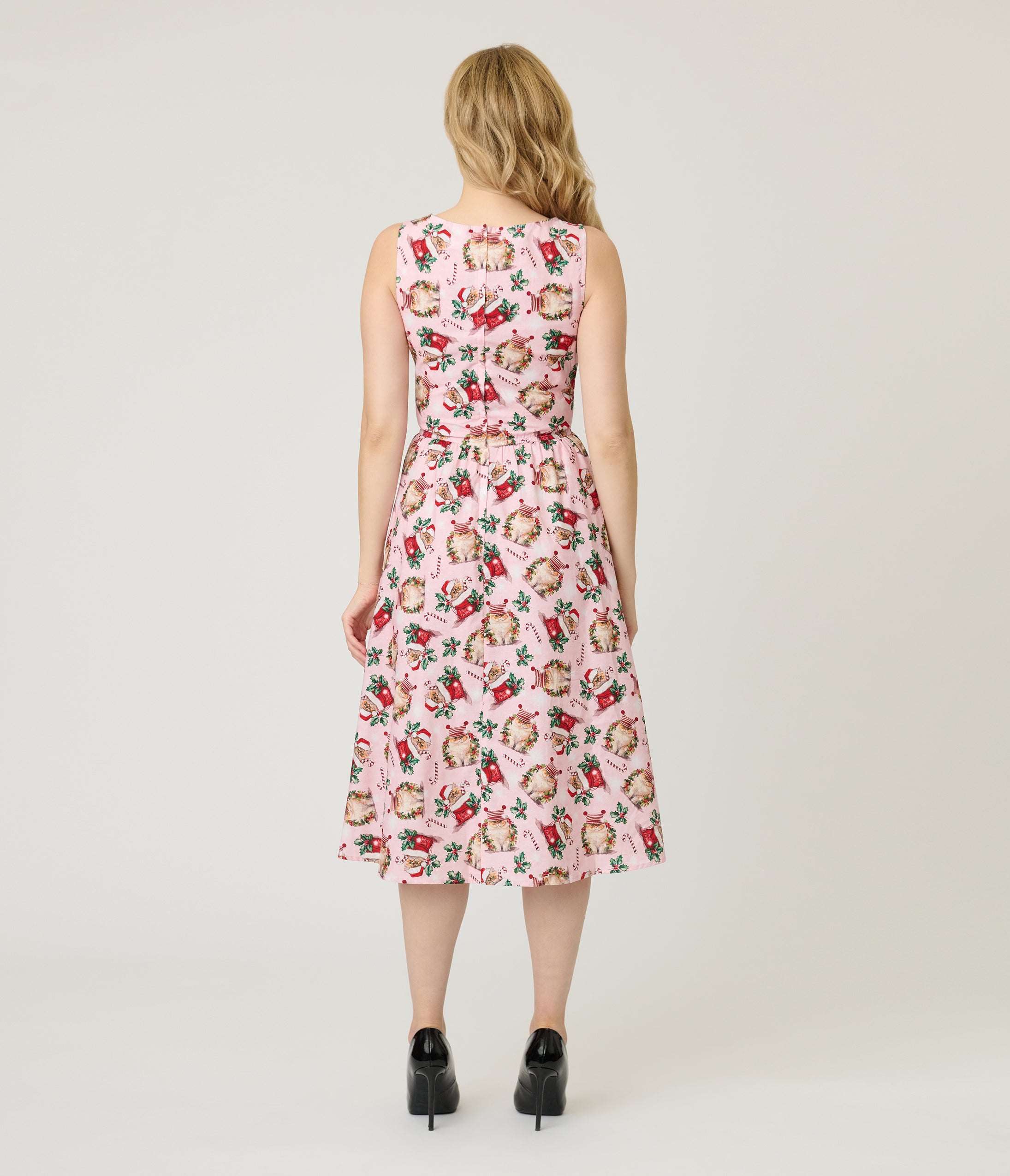 Retrolicious Pink Holiday Cats Cotton Swing Dress