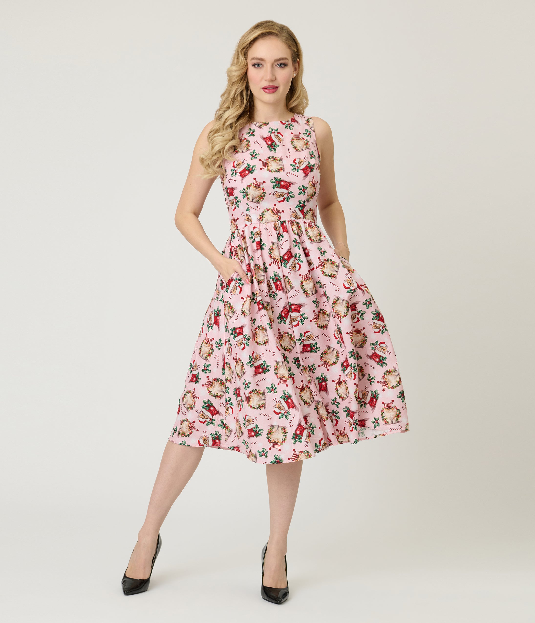 Retrolicious Pink Holiday Cats Cotton Swing Dress