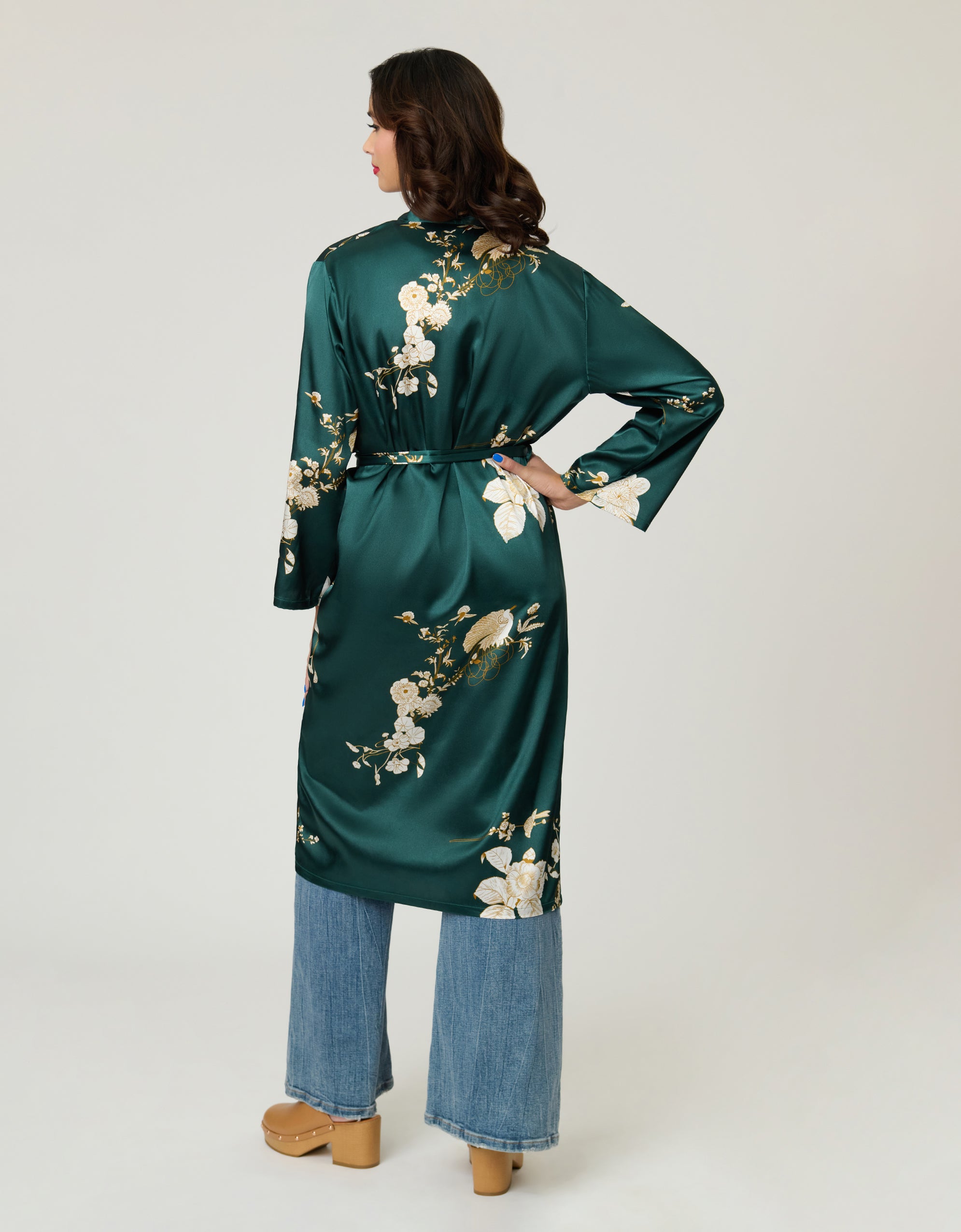 Green Floral Satin Kimono