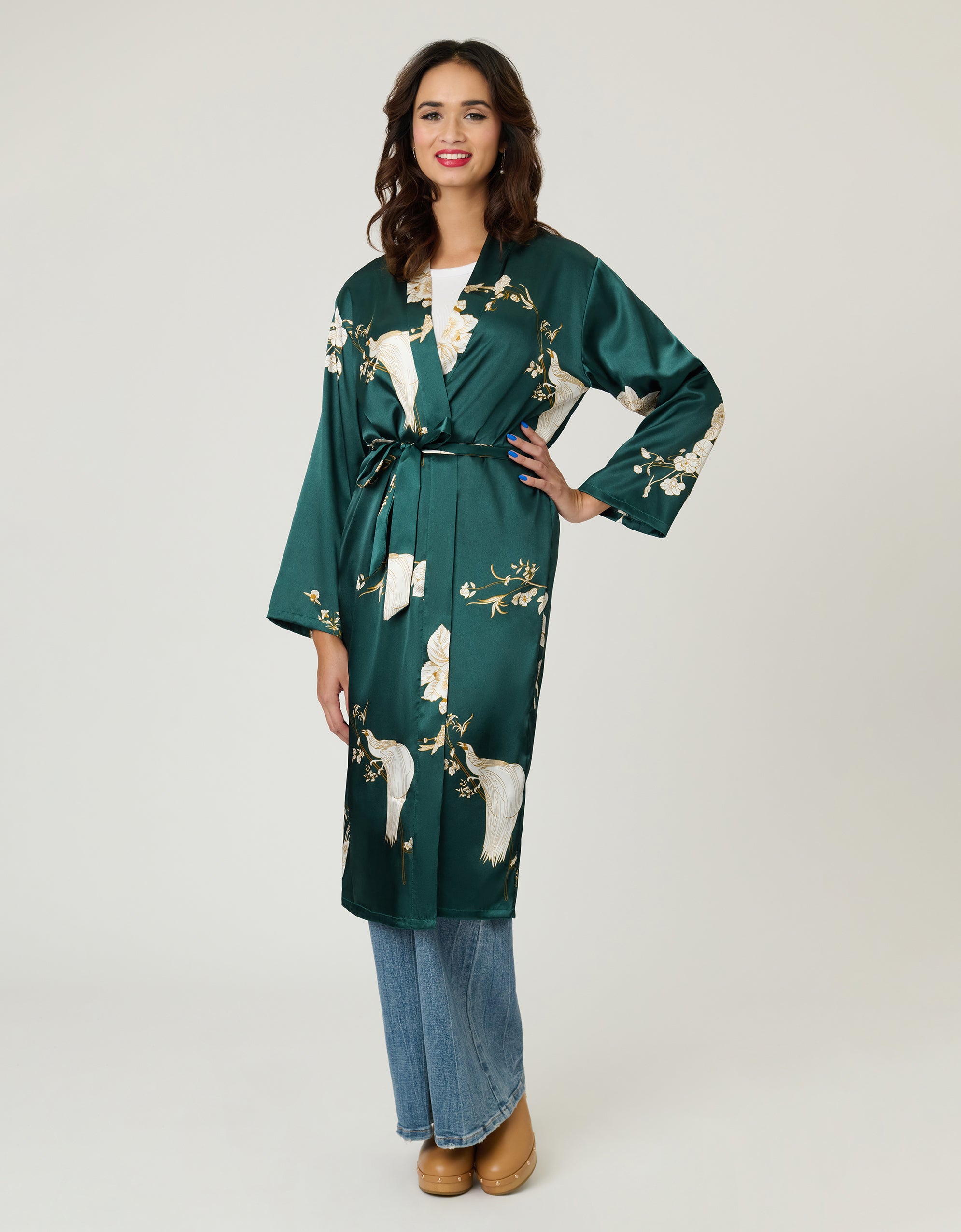 Green Floral Satin Kimono