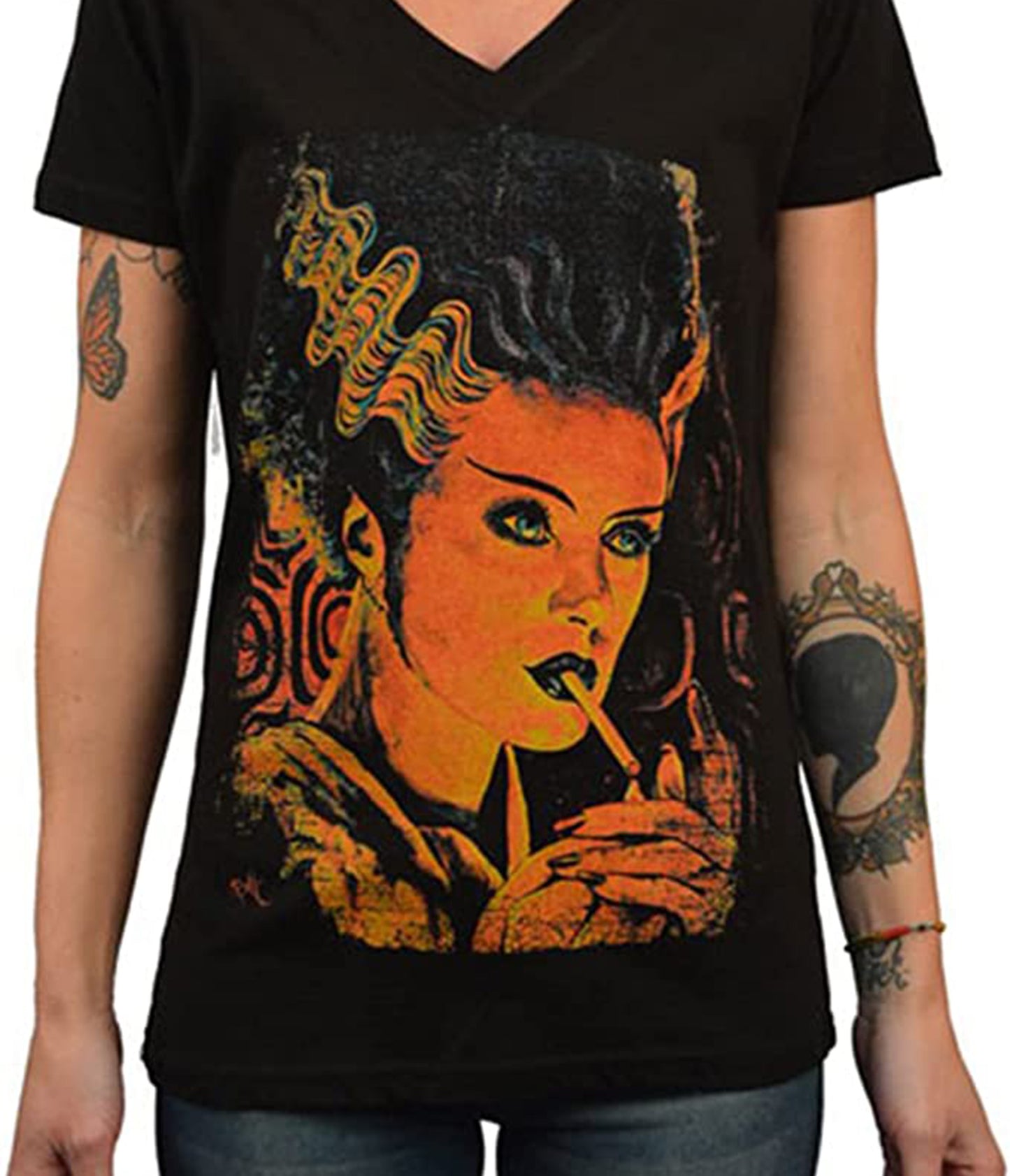 Monster Love The Bride Women's V-neck Graphic Tee - Unique Vintage - Womens, GRAPHIC TEES, TEES