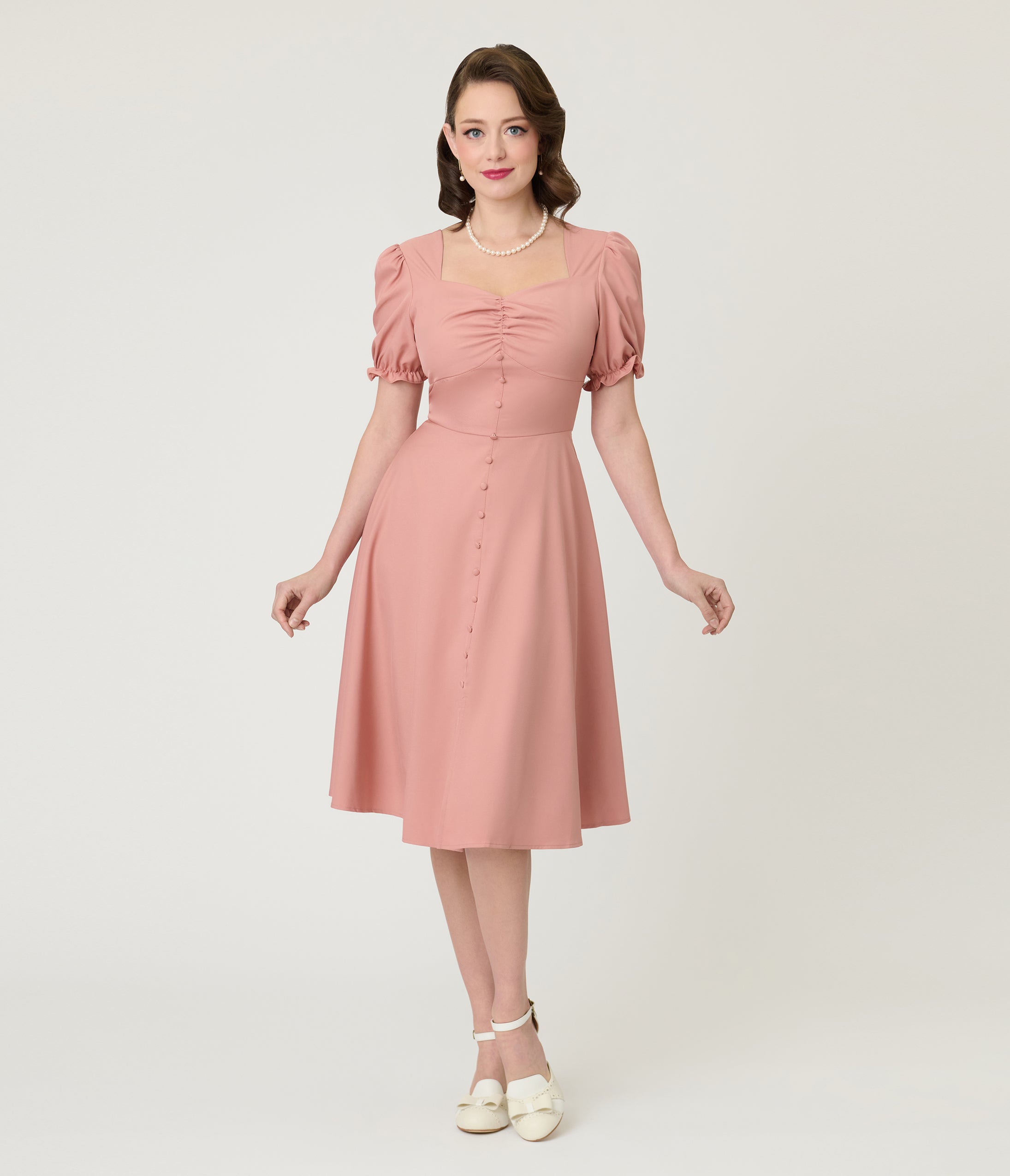 Rose Puff Sleeve Tea Length Dress