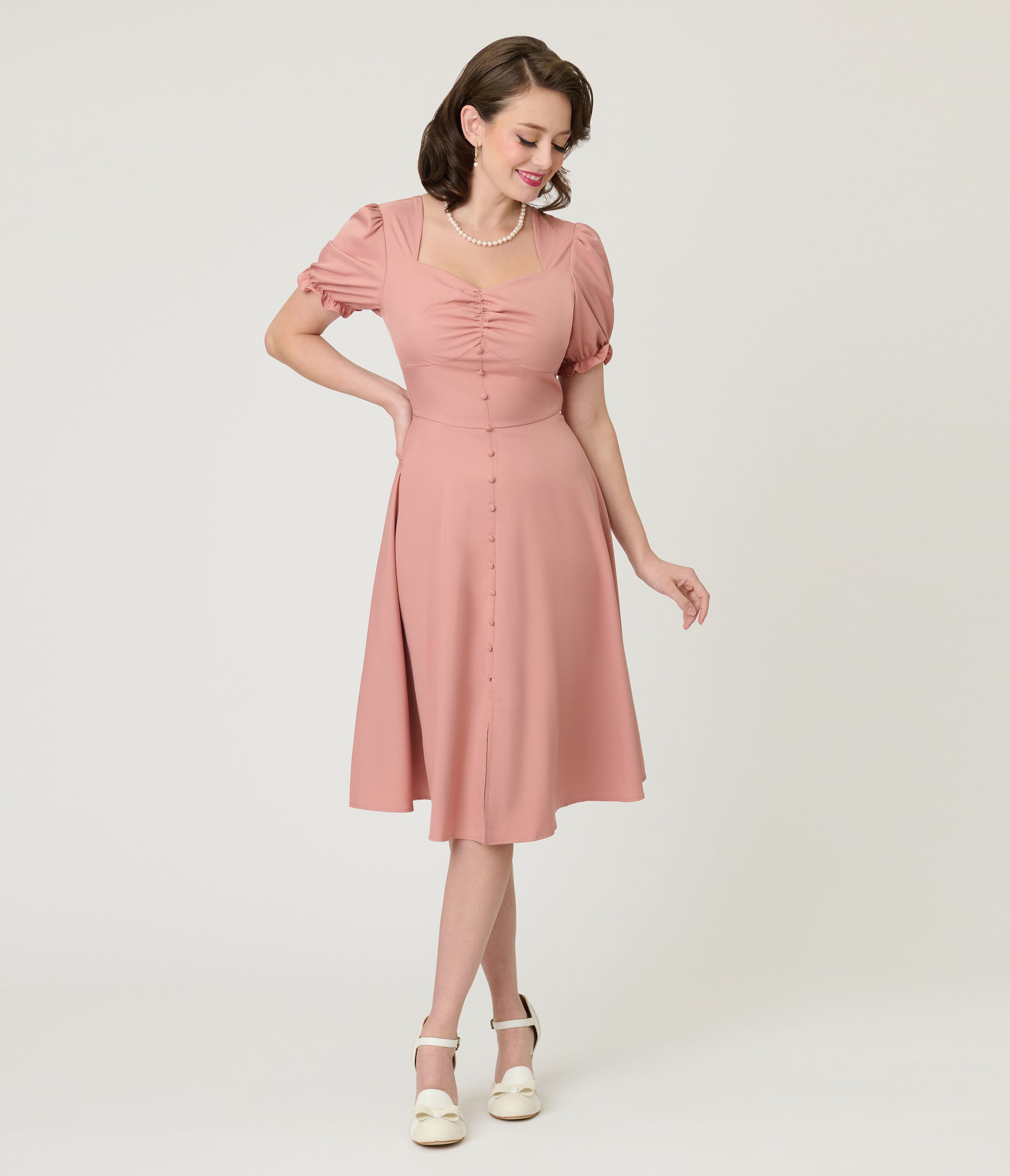 Rose Puff Sleeve Tea Length Dress
