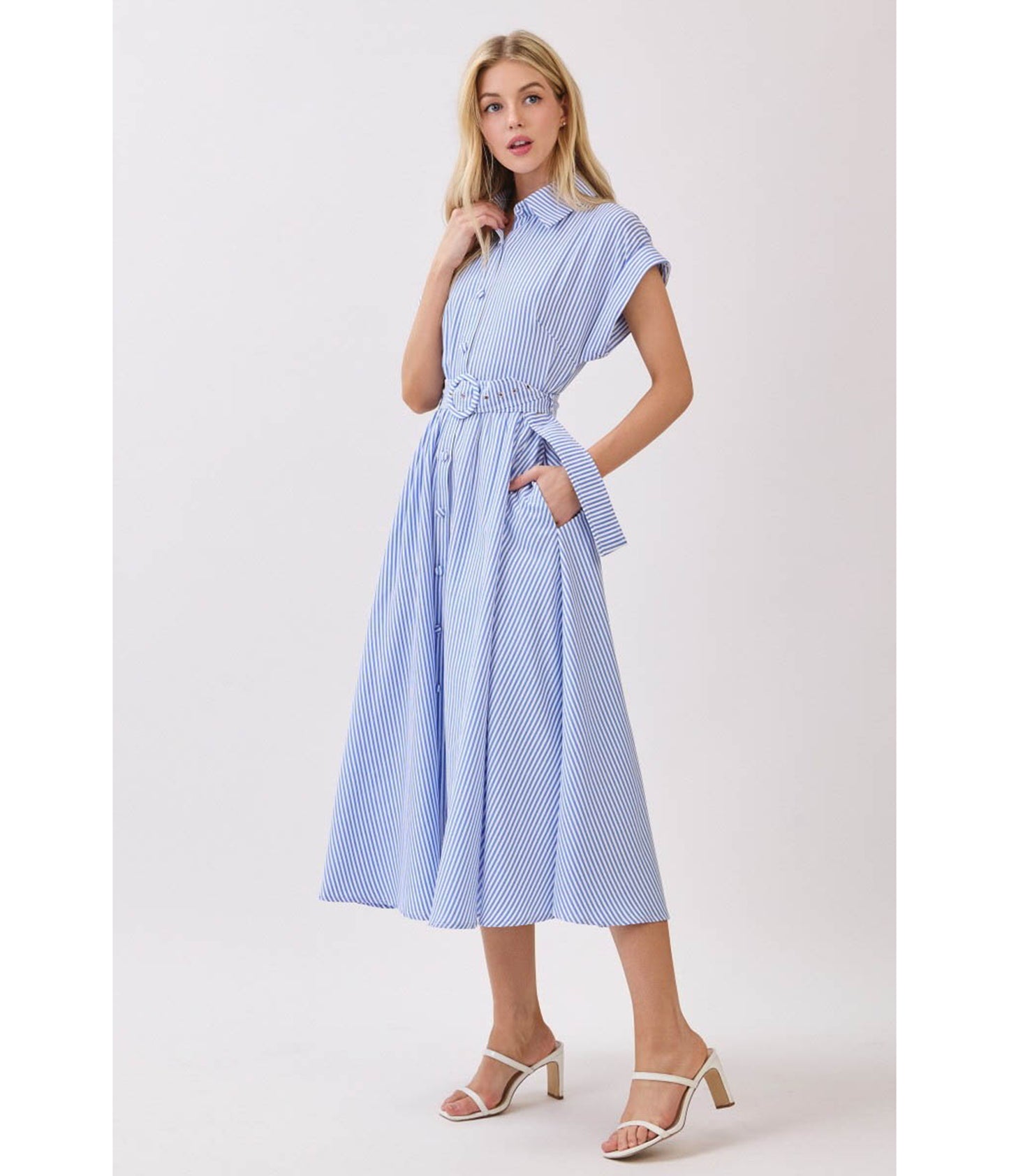 Blue & White Pinstripe Midi Dress