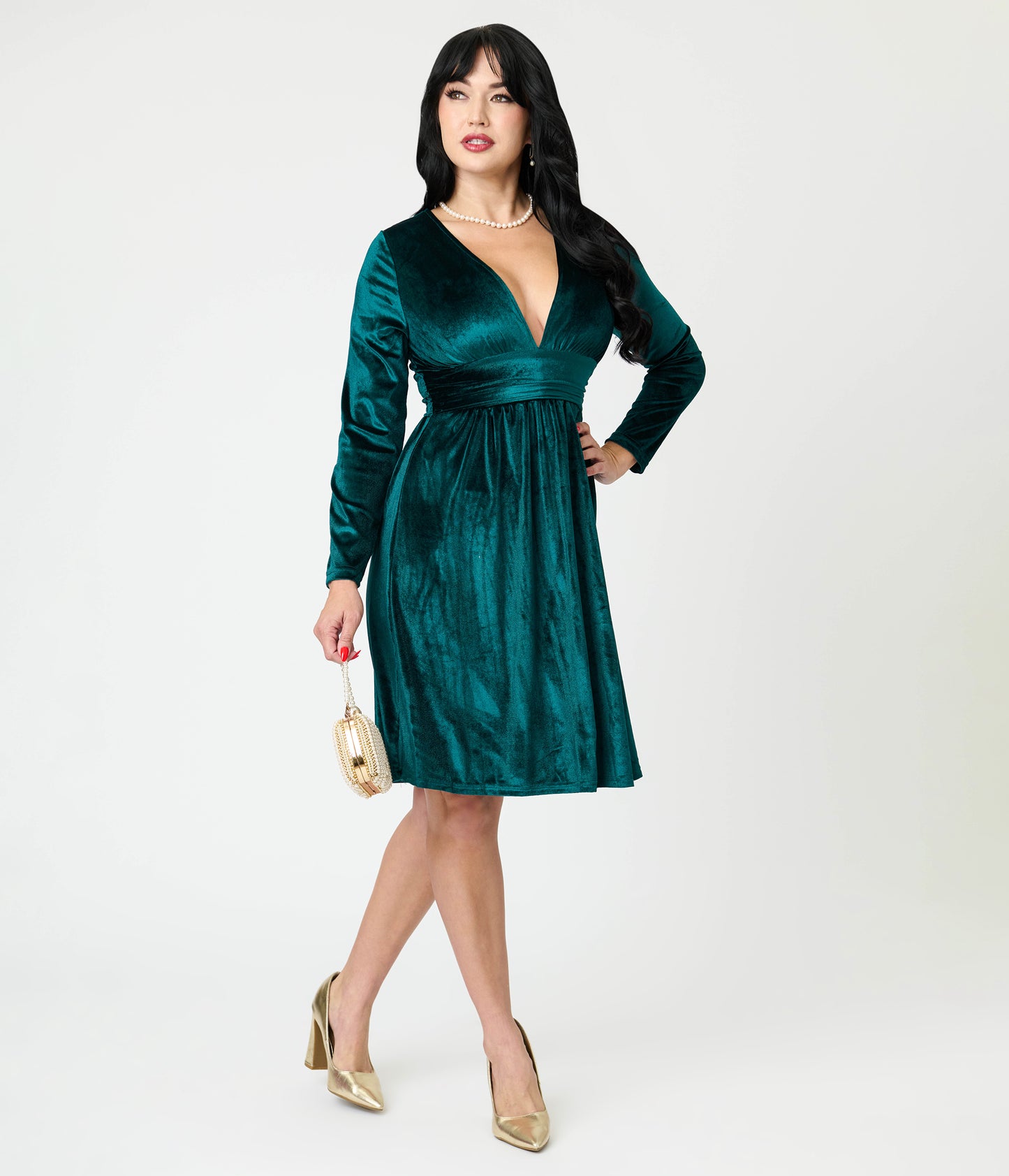 Green Velvet Long Sleeve Fit & Flare Dress