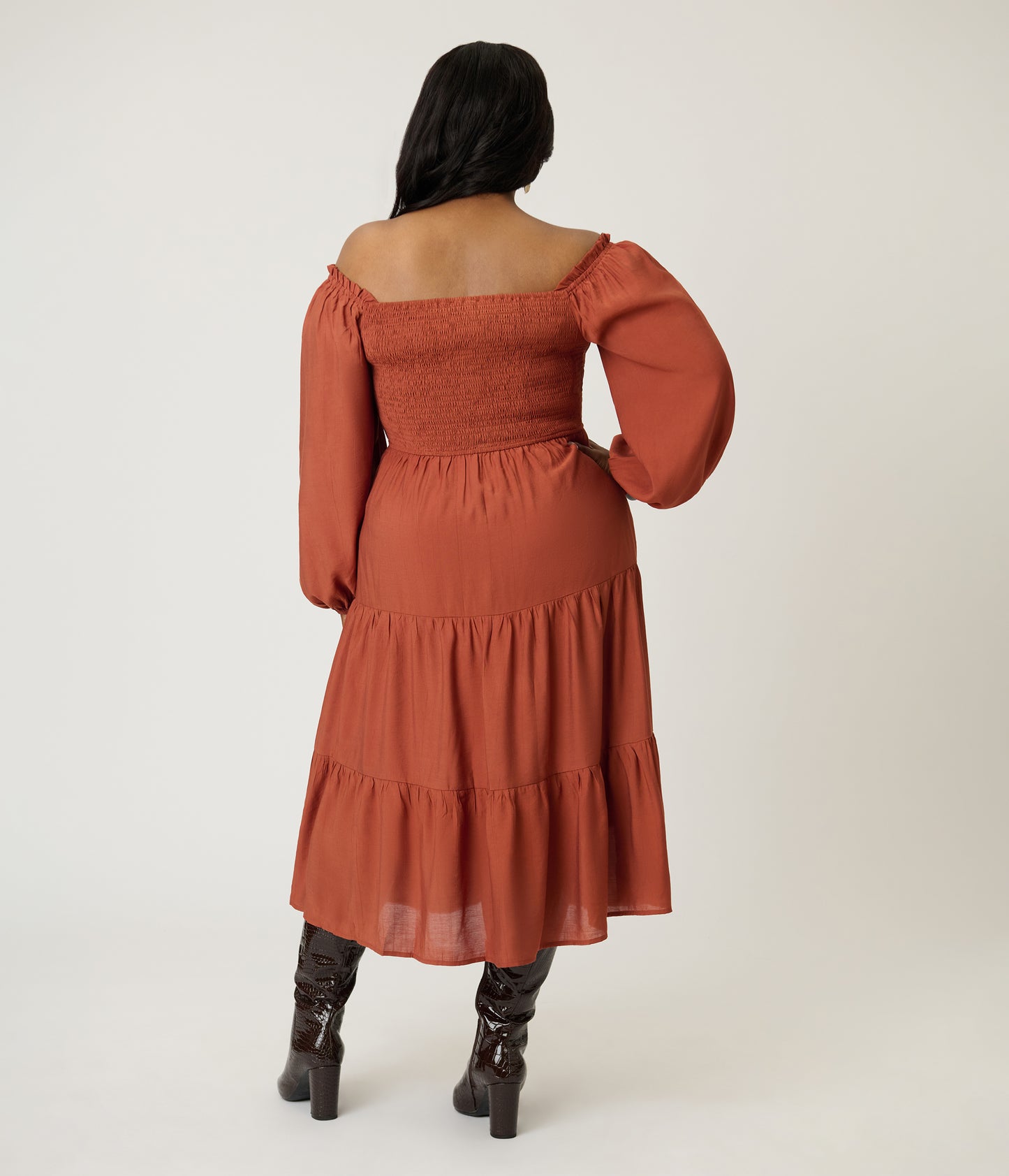 Plus Size Brown Smocked Midi Dress