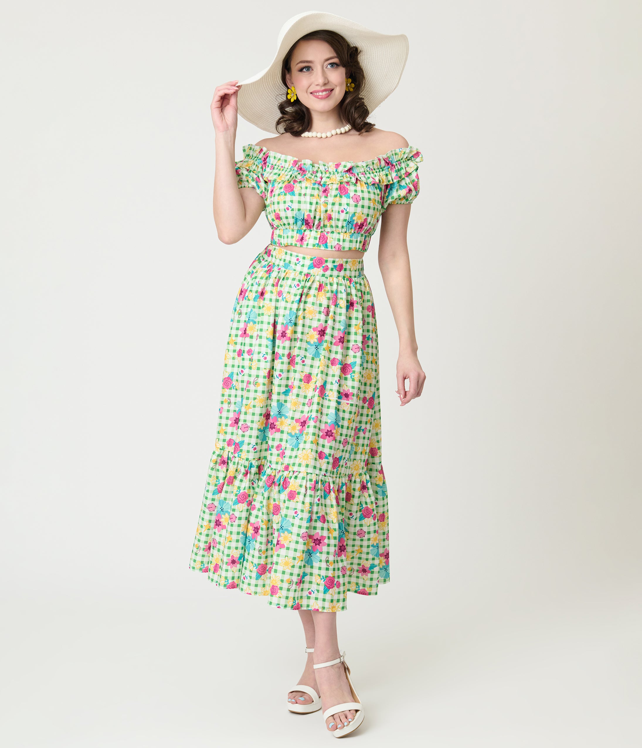 Disney Princess Collection by Unique Vintage Green Gingham Tiered Midi Skirt Disney Princess Collection by Unique Vintage Green Gingham Tiered Midi Skirt