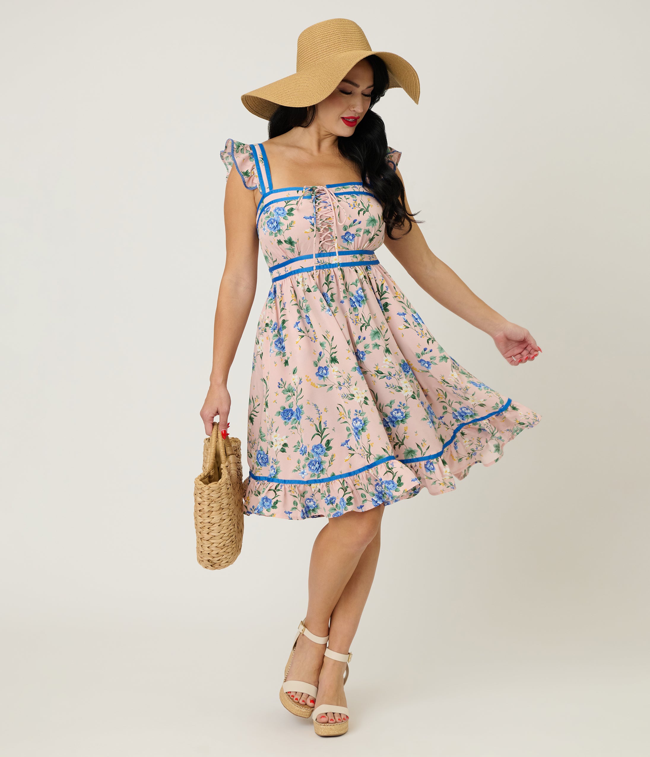 Smak Parlour Light Pink & Blue Floral Corset Fit & Flare Dress XS/0-2