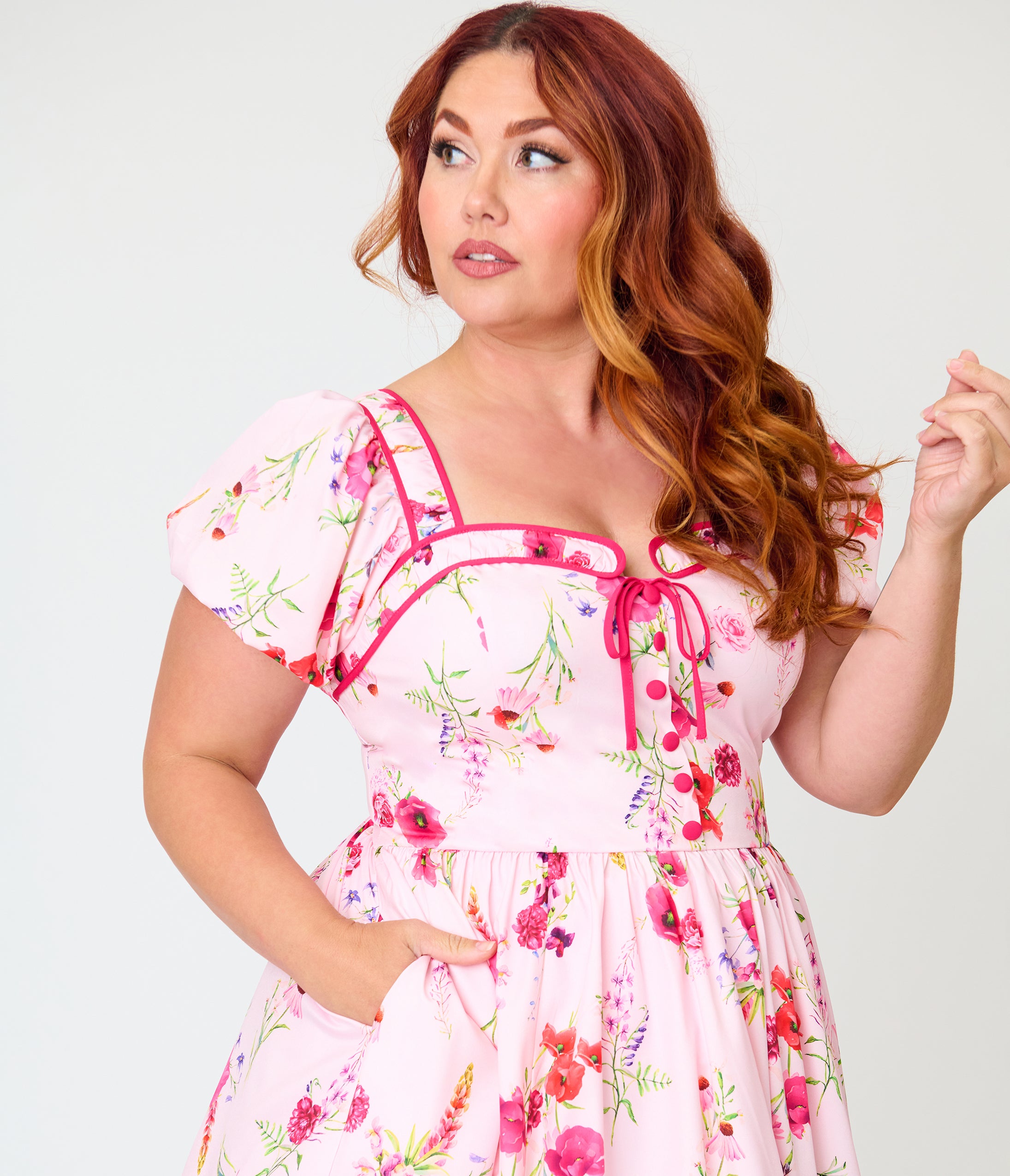 Unique Vintage Plus Size Pink Floral Button Front Swing Dress