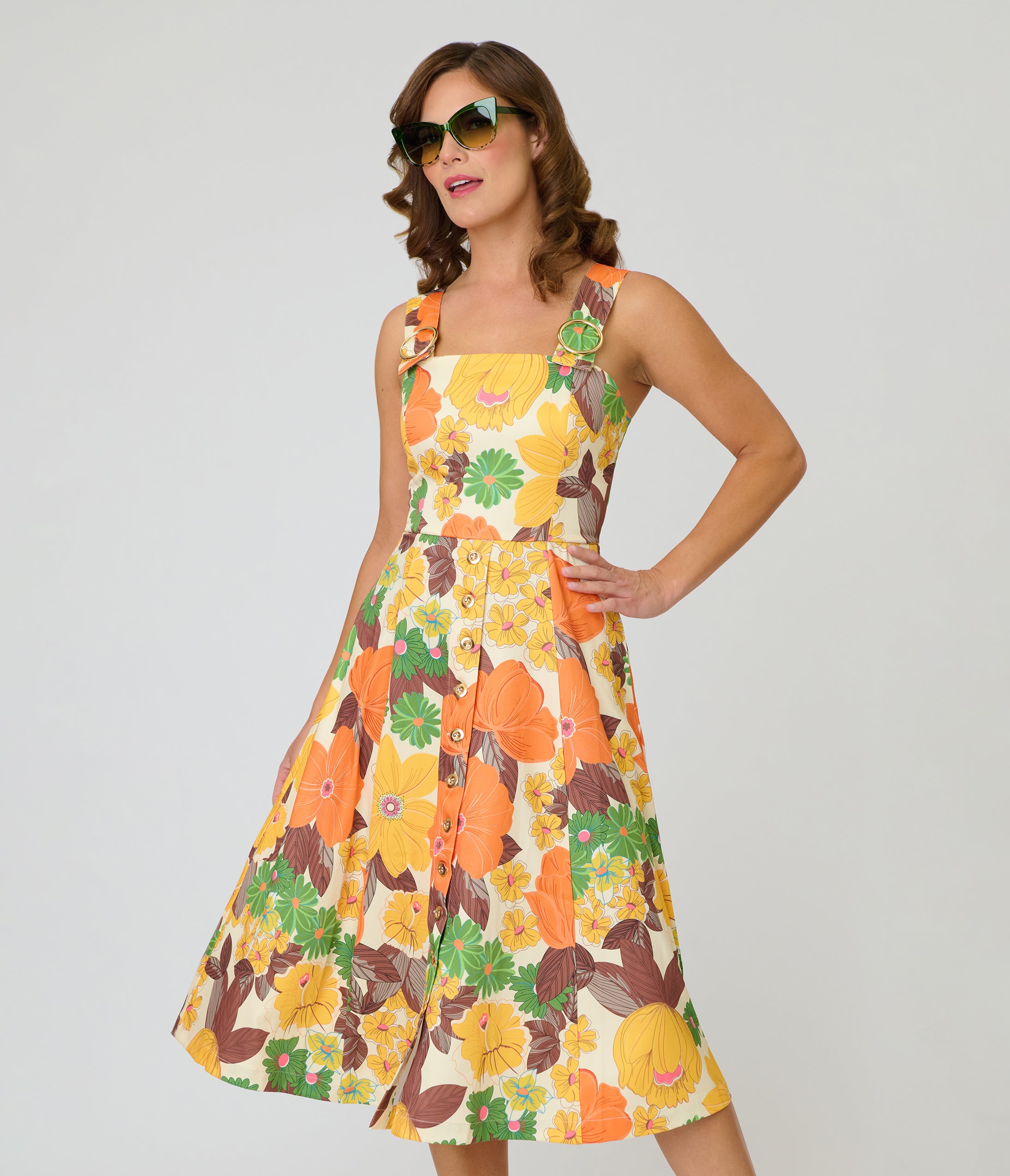Unique Vintage Orange Floral Picnic Perfect Midi Dress Unique Vintage Orange Floral Picnic Perfect Midi Dress