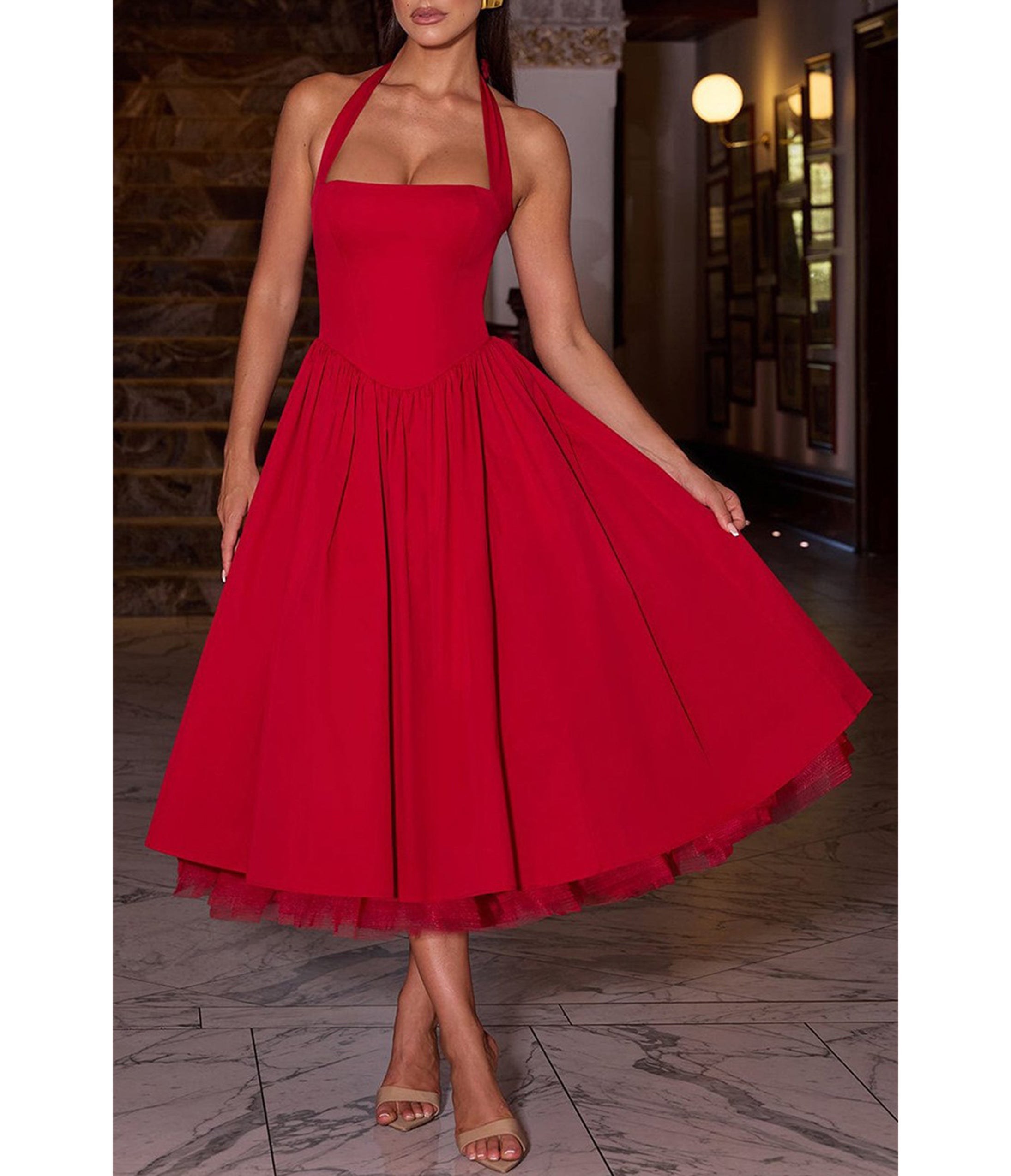 Red Halter Flare Midi Dress