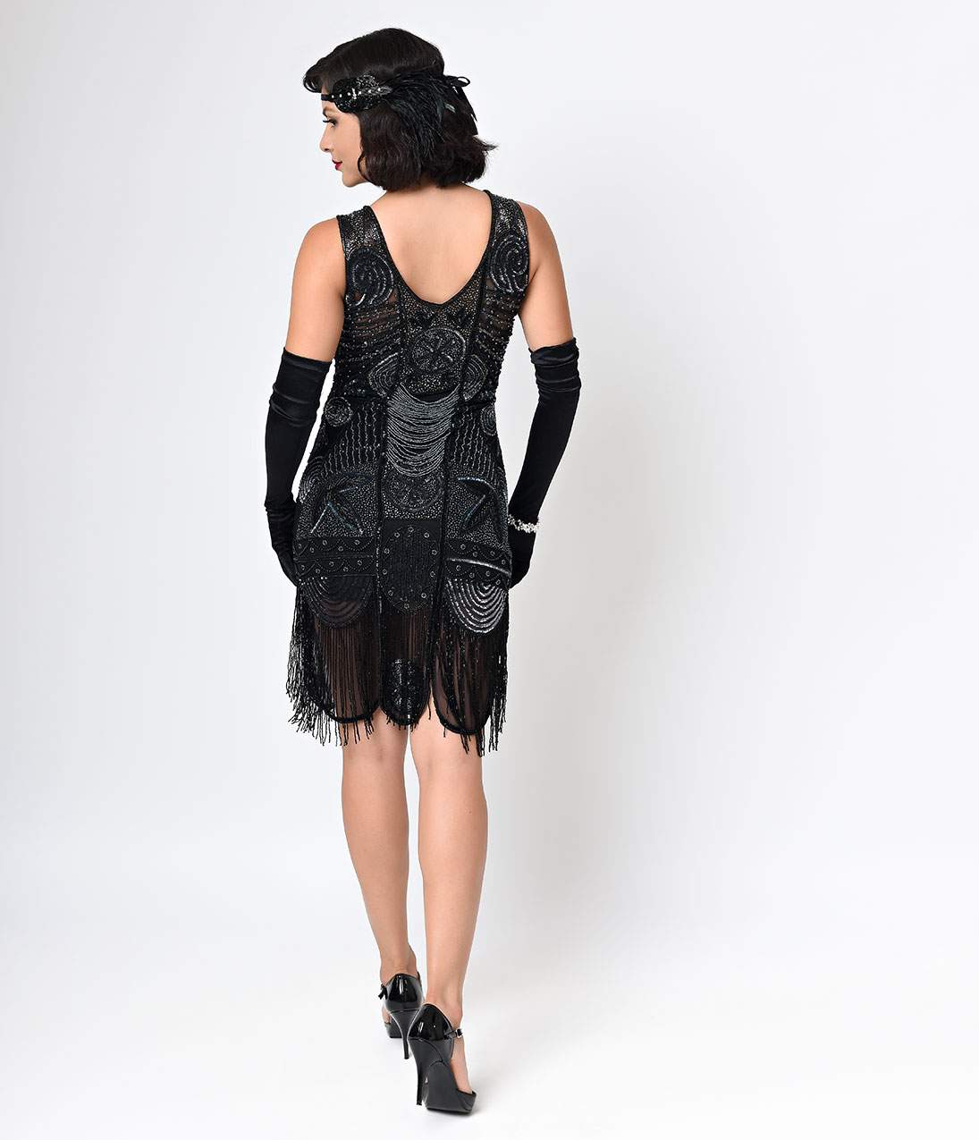 Unique Vintage 1920s Style Black Hand Beaded Fringe Bosley Flapper Dress