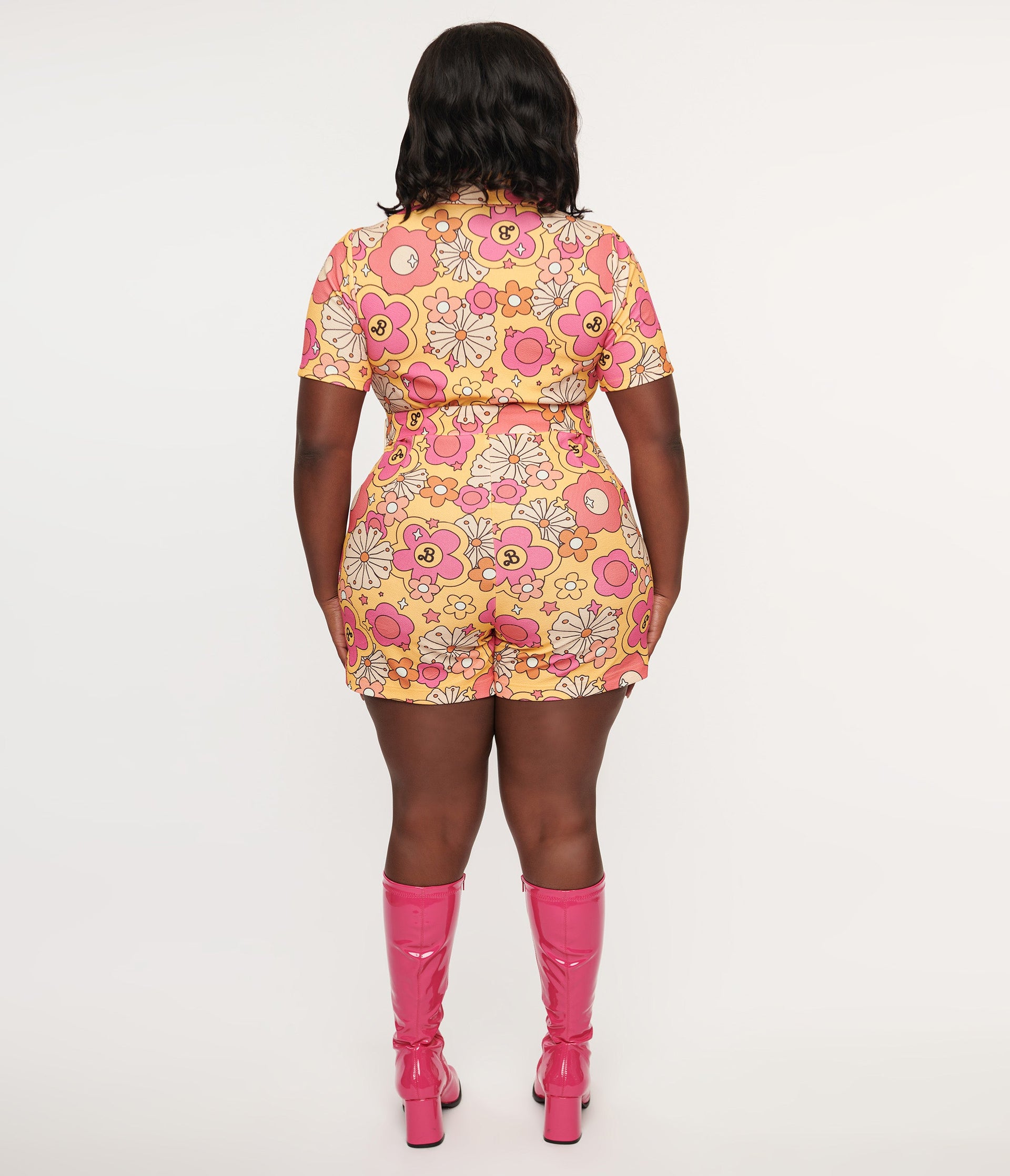 Barbie x Smak Parlour Plus Size Yellow & Pink Barbie All Over Print Belted Romper - Unique Vintage - Womens, BOTTOMS, ROMPERS AND JUMPSUITS