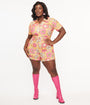 Barbie x Smak Parlour Plus Size Yellow & Pink Barbie All Over Print Belted Romper