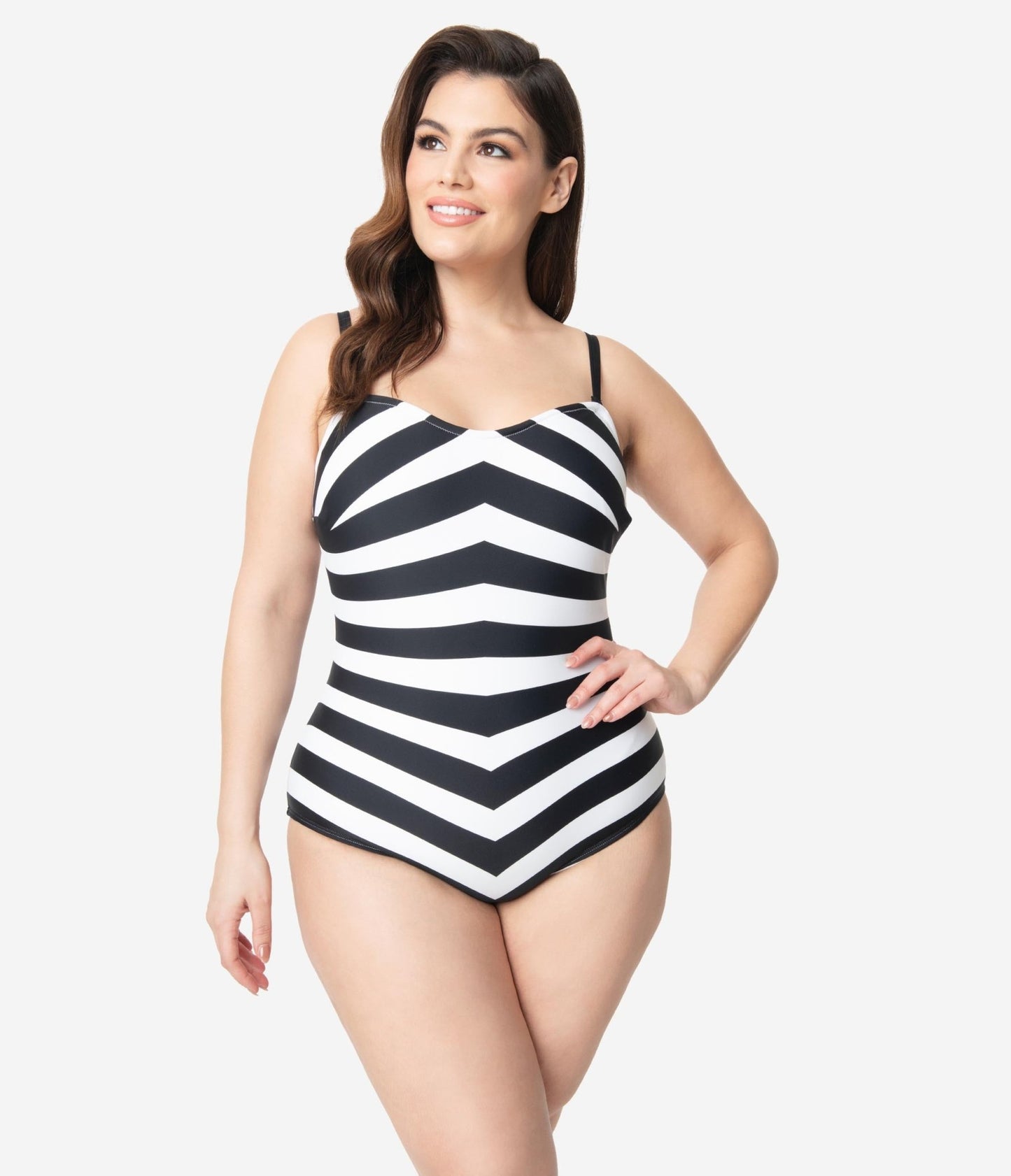 Barbie™ x Unique Vintage Plus Size Black & White Chevron Stripe One Piece Bathing Suit - Unique Vintage - Womens, SWIM, 1 PC