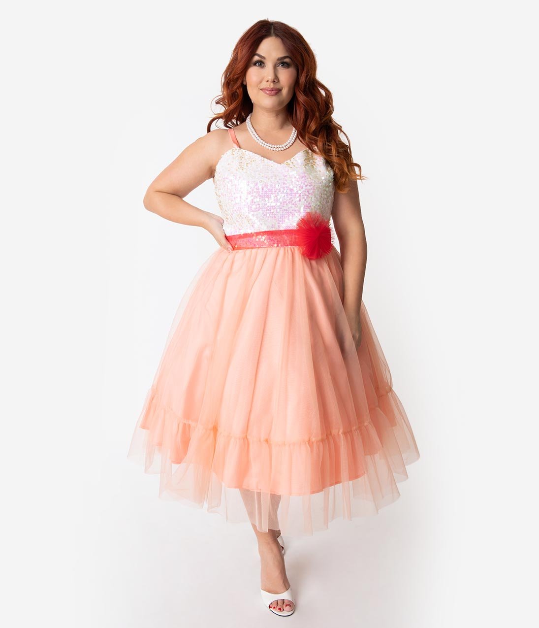 Barbie™ x Unique Vintage Plus Size Peaches N Cream Chiffon Dress - Unique Vintage - Womens, DRESSES, PROM AND SPECIAL OCCASION