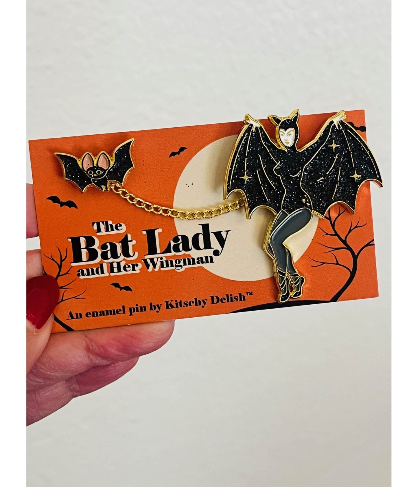 Bat Lady & Her Wingman Enamel Pin - Unique Vintage - Womens, ACCESSORIES, JEWELRY