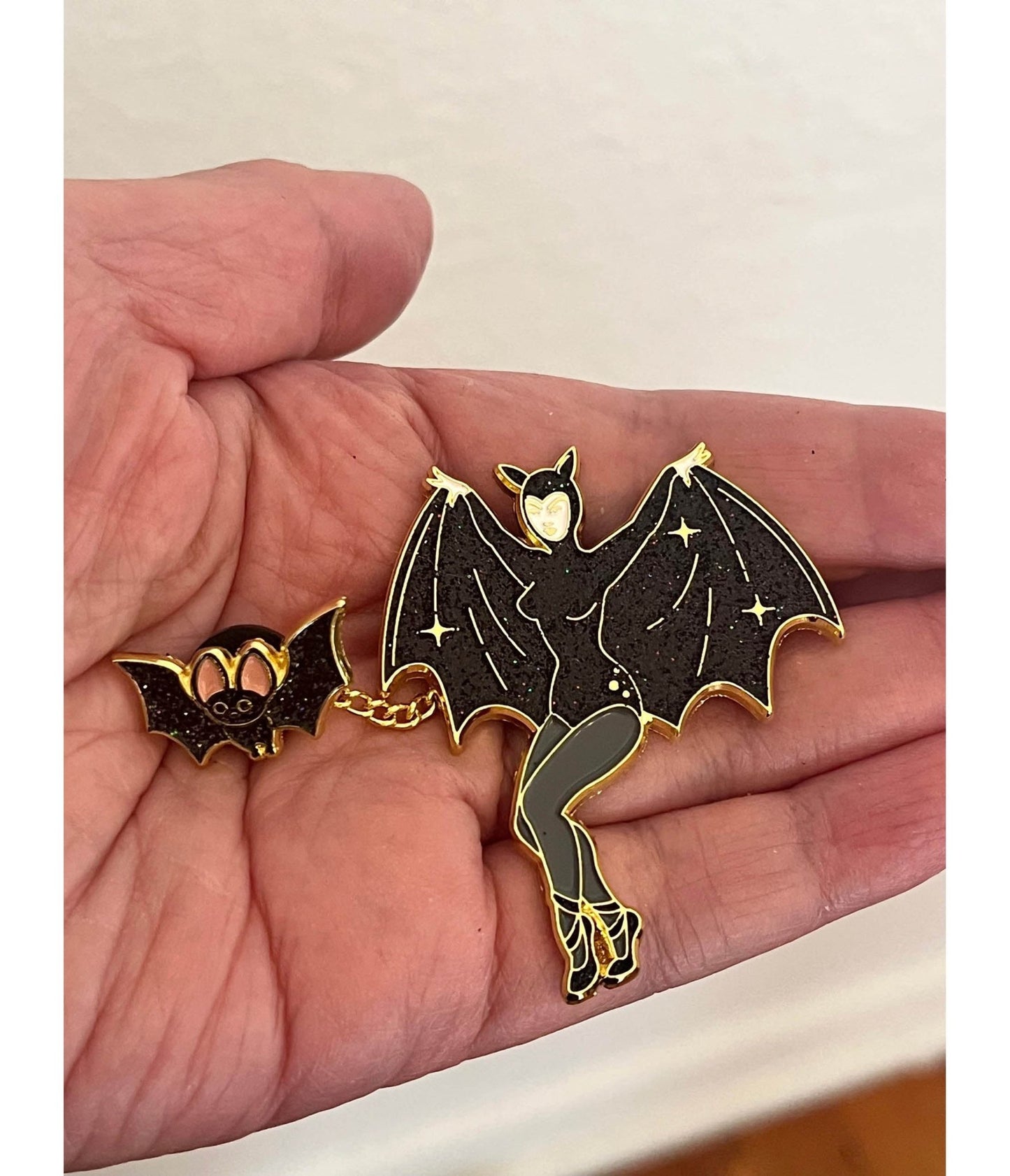 Bat Lady & Her Wingman Enamel Pin - Unique Vintage - Womens, ACCESSORIES, JEWELRY
