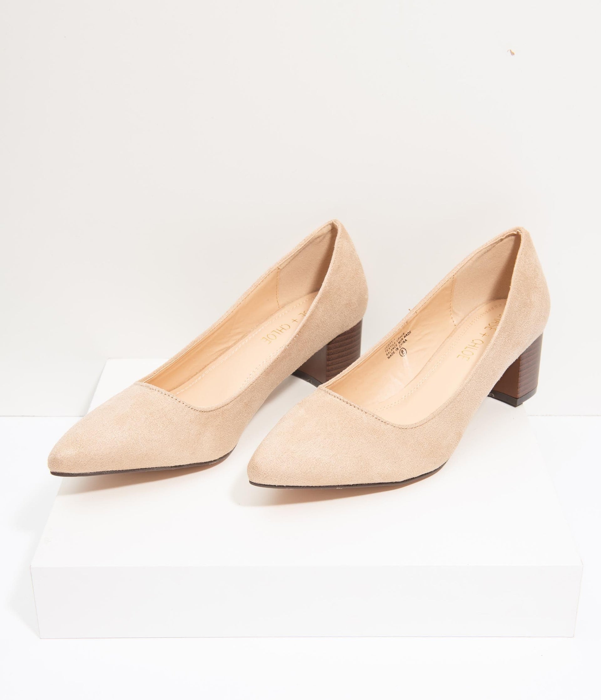 Beige Suede Pointed Toe Stacked Heels - Unique Vintage - Womens, SHOES, HEELS