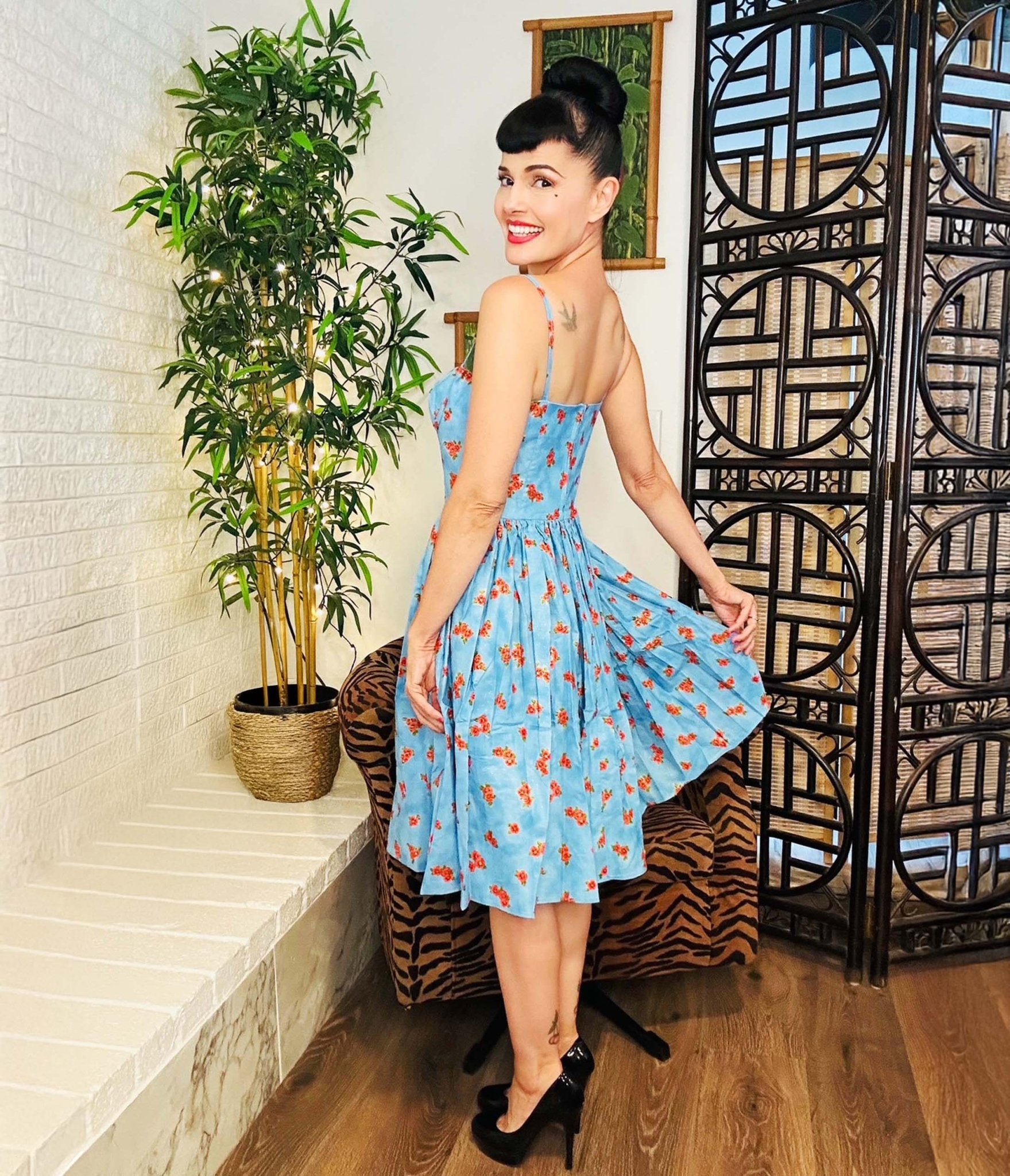 Bernie Dexter Blue & Red Apple Blossom Print Swing Dress - Unique Vintage - Womens, DRESSES, SWING