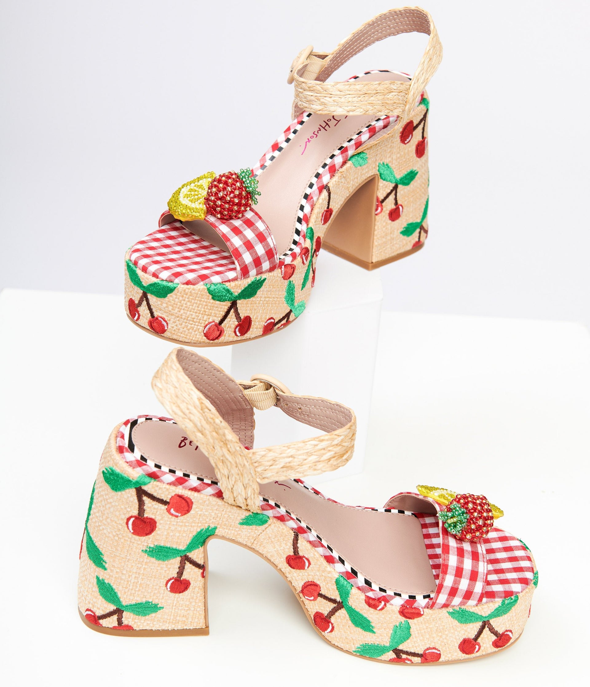 Betsey Johnson Red Gingham & Rhinestone Fruit Platform Sandals - Unique Vintage - Womens, SHOES, SANDALS