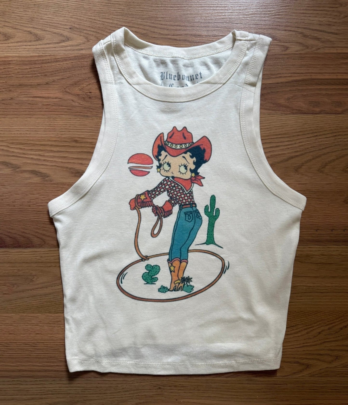 Betty Boop Cowgirl Cropped Graphic Tank - Unique Vintage - Womens, TOPS, WOVEN TOPS