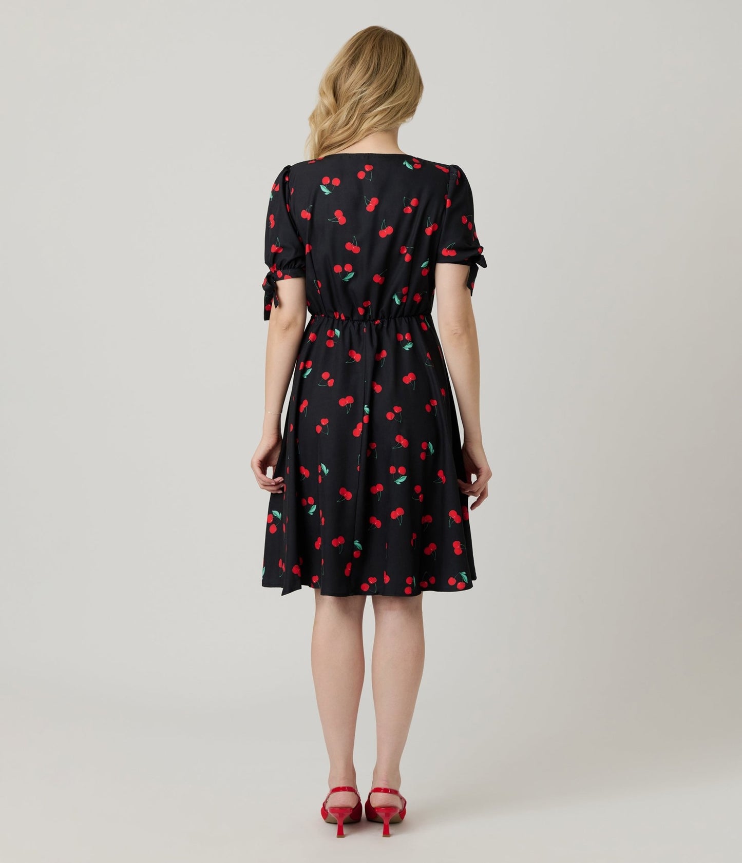 Black & Cherry Print Fit & Flare Dress - Unique Vintage - Womens, DRESSES, FIT AND FLARE