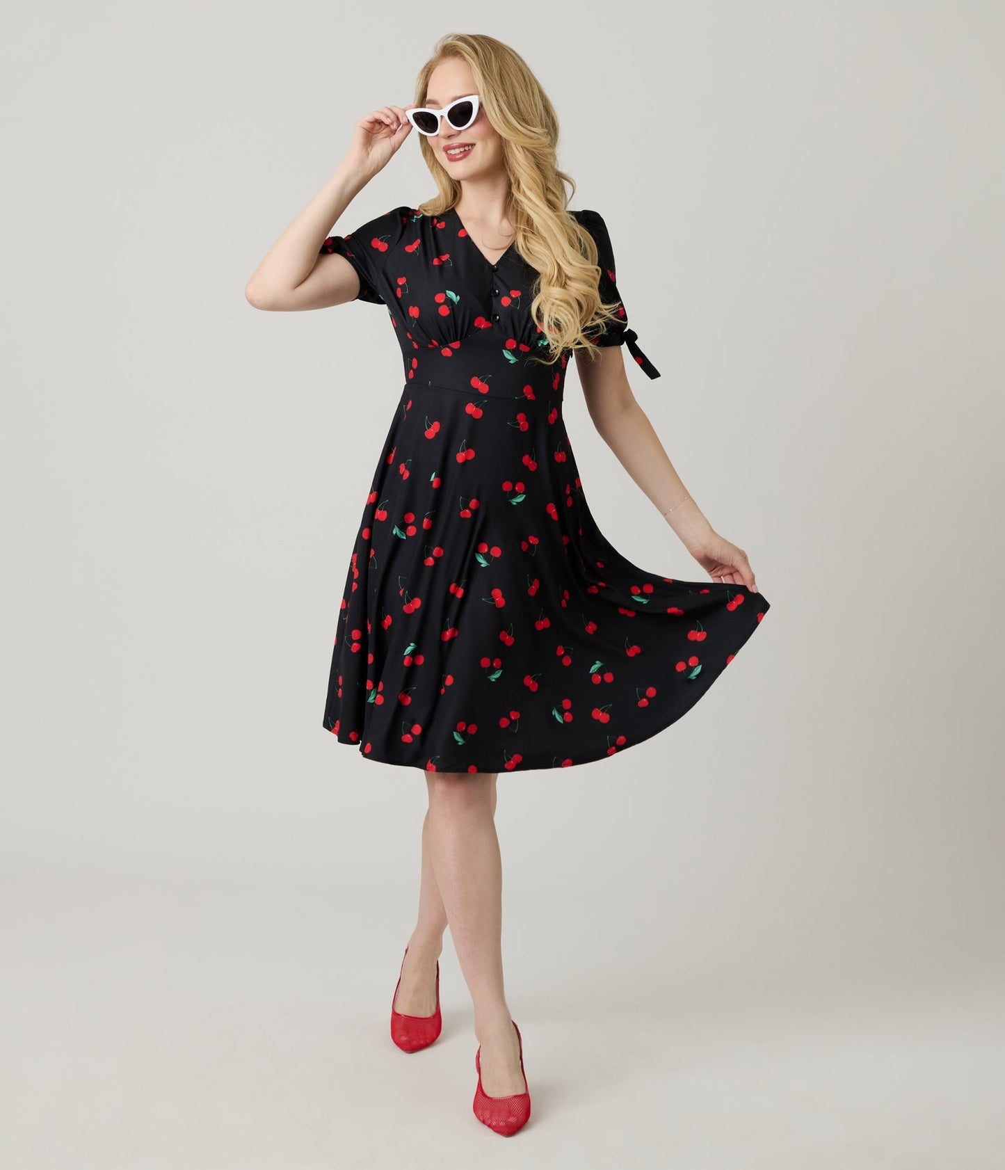 Black & Cherry Print Fit & Flare Dress - Unique Vintage - Womens, DRESSES, FIT AND FLARE