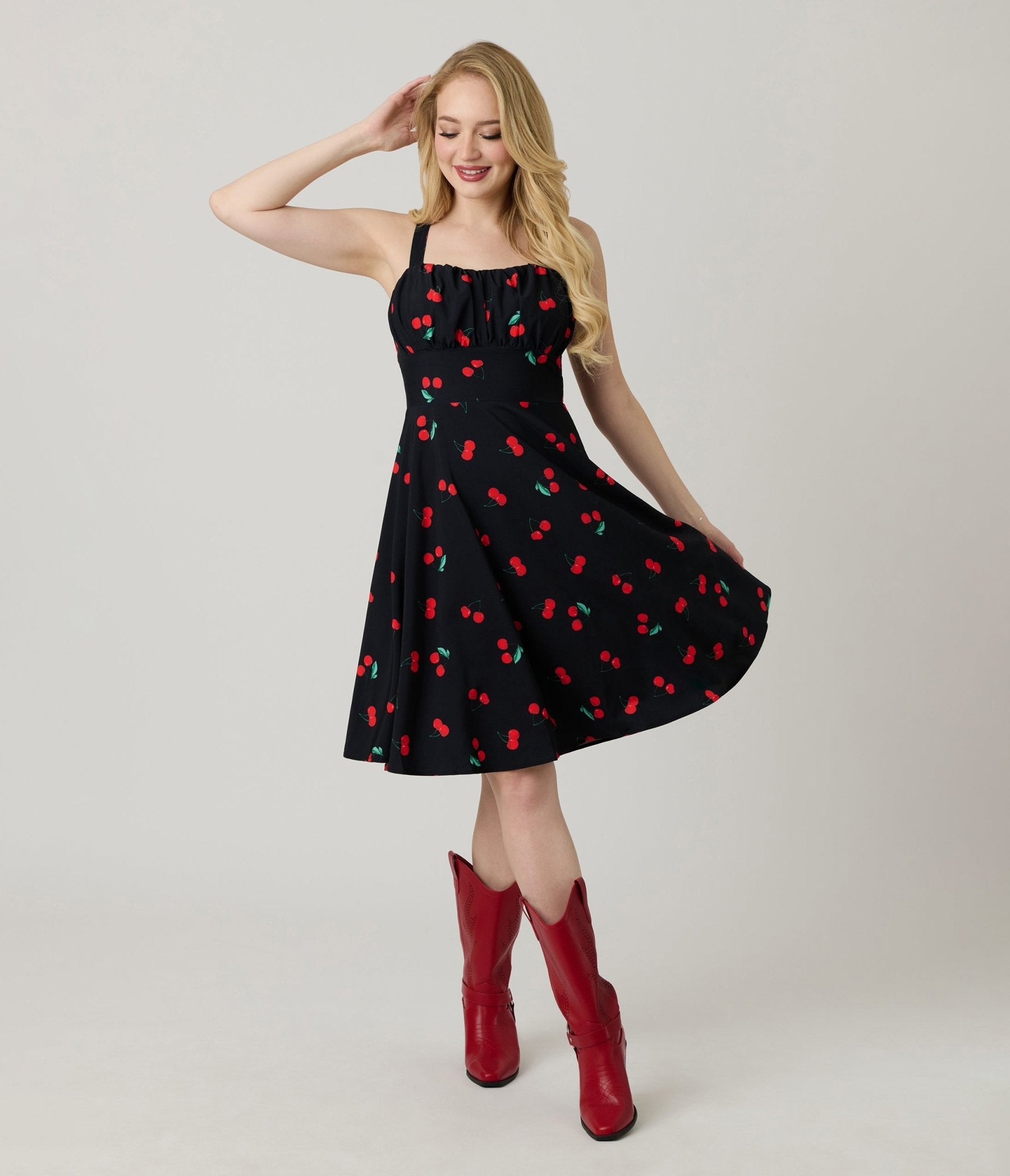 Black Cherry Print Sleeveless Fit & Flare Dress - Unique Vintage - Womens, DRESSES, FIT AND FLARE