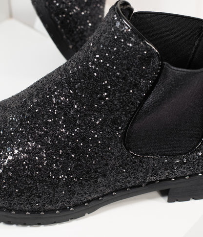 Black Chunky Glitter Chelsea Boot - Unique Vintage - Womens, SHOES, BOOTS