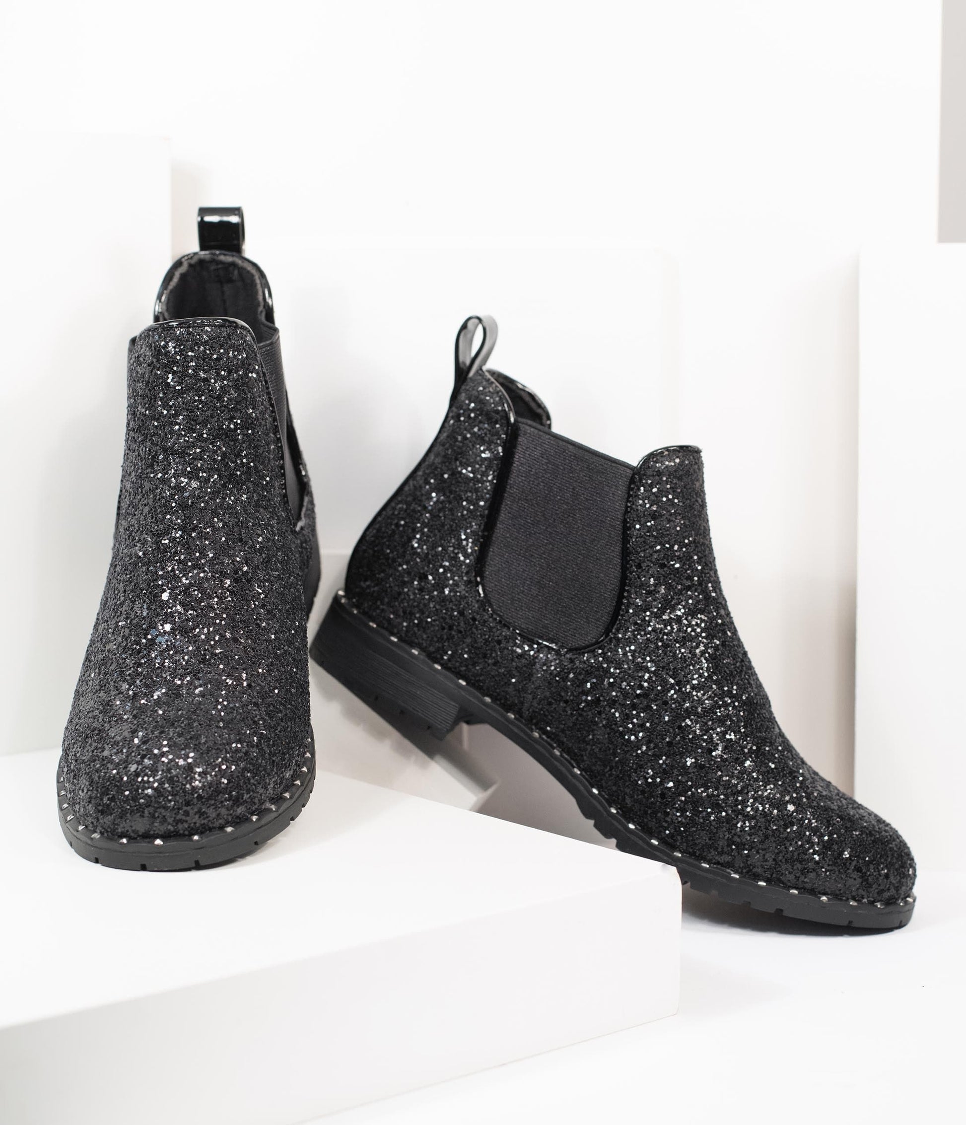 Black Chunky Glitter Chelsea Boot - Unique Vintage - Womens, SHOES, BOOTS