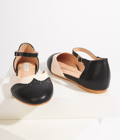 Black & Cream Leatherette Saddle Mary Jane Flats - Unique Vintage - Womens, SHOES, FLATS