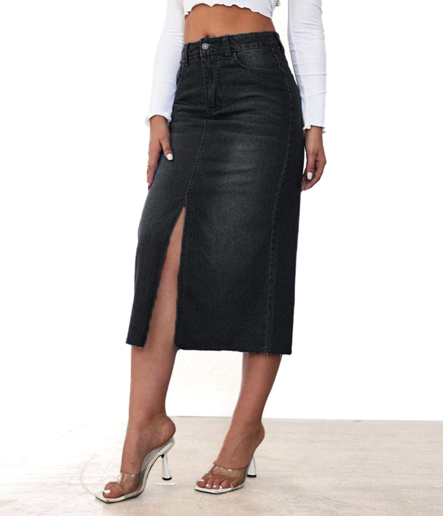 Black Denim Chic Split Midi Skirt - Unique Vintage - Womens, BOTTOMS, SKIRTS