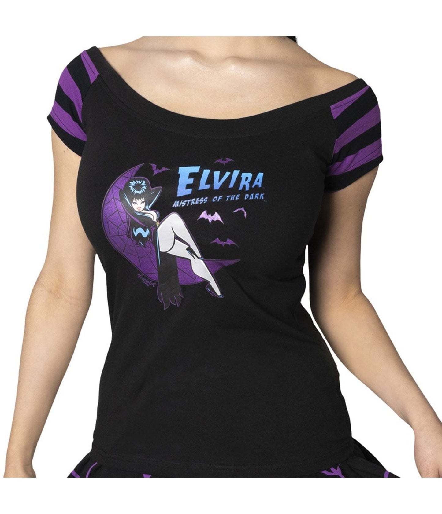 Black Elvira Crescent Moon Off The Shoulder Top - Unique Vintage - Womens, GRAPHIC TEES, TEES