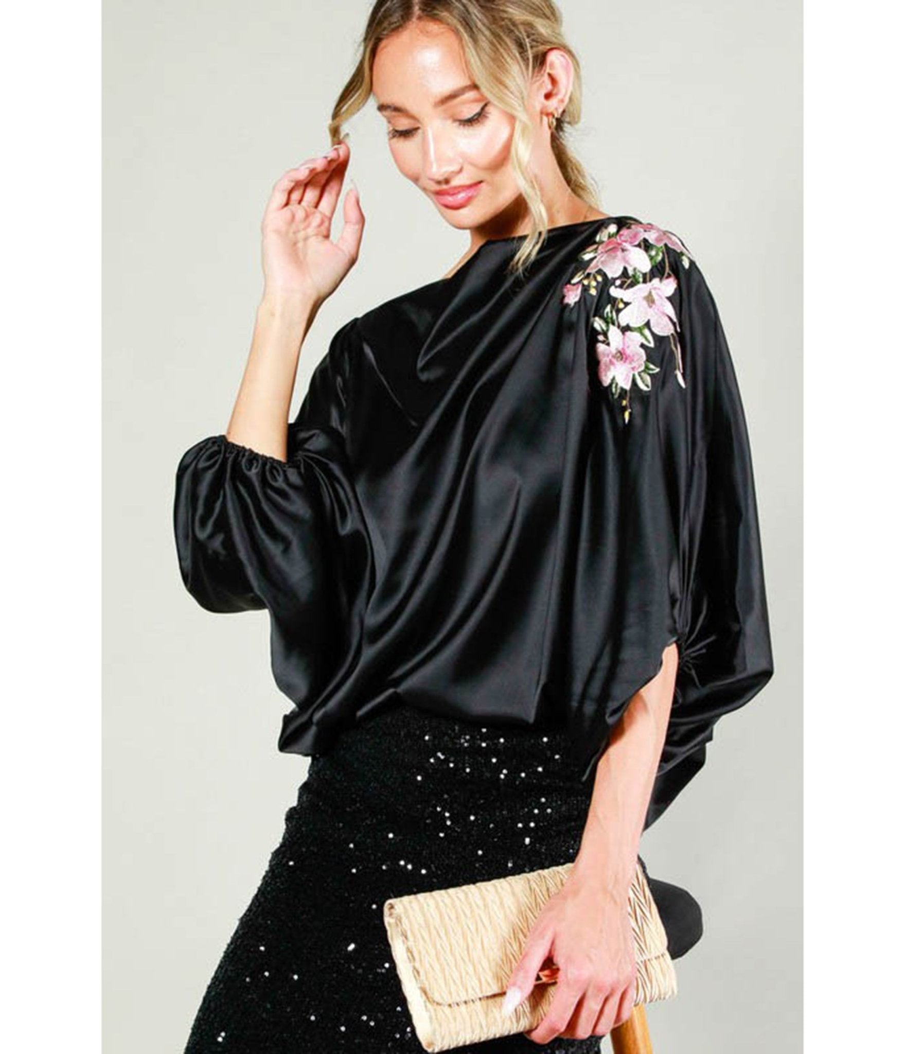 Black Floral Sleeve Satin Blouse - Unique Vintage - Womens, TOPS, SHIRTS