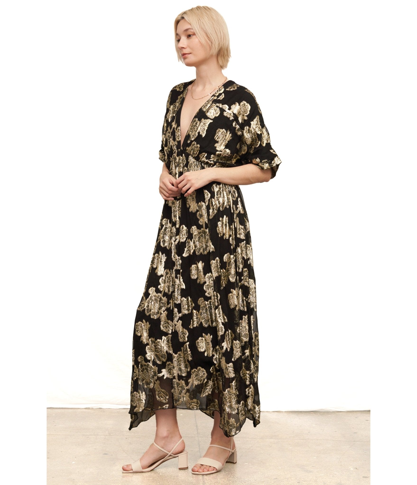 Black & Gold Floral Kimono Sleeve Maxi Dress - Unique Vintage - Womens, DRESSES, MAXI