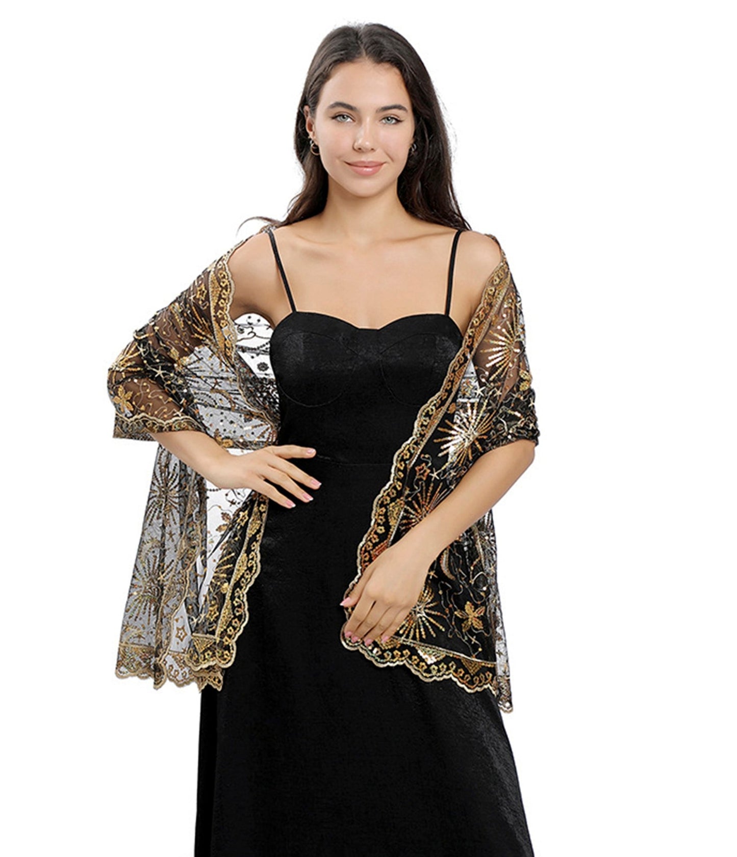 Black & Gold Stars & Moon Embroidered Shawl - Unique Vintage - Womens, ACCESSORIES, GLOVES/SCARVES