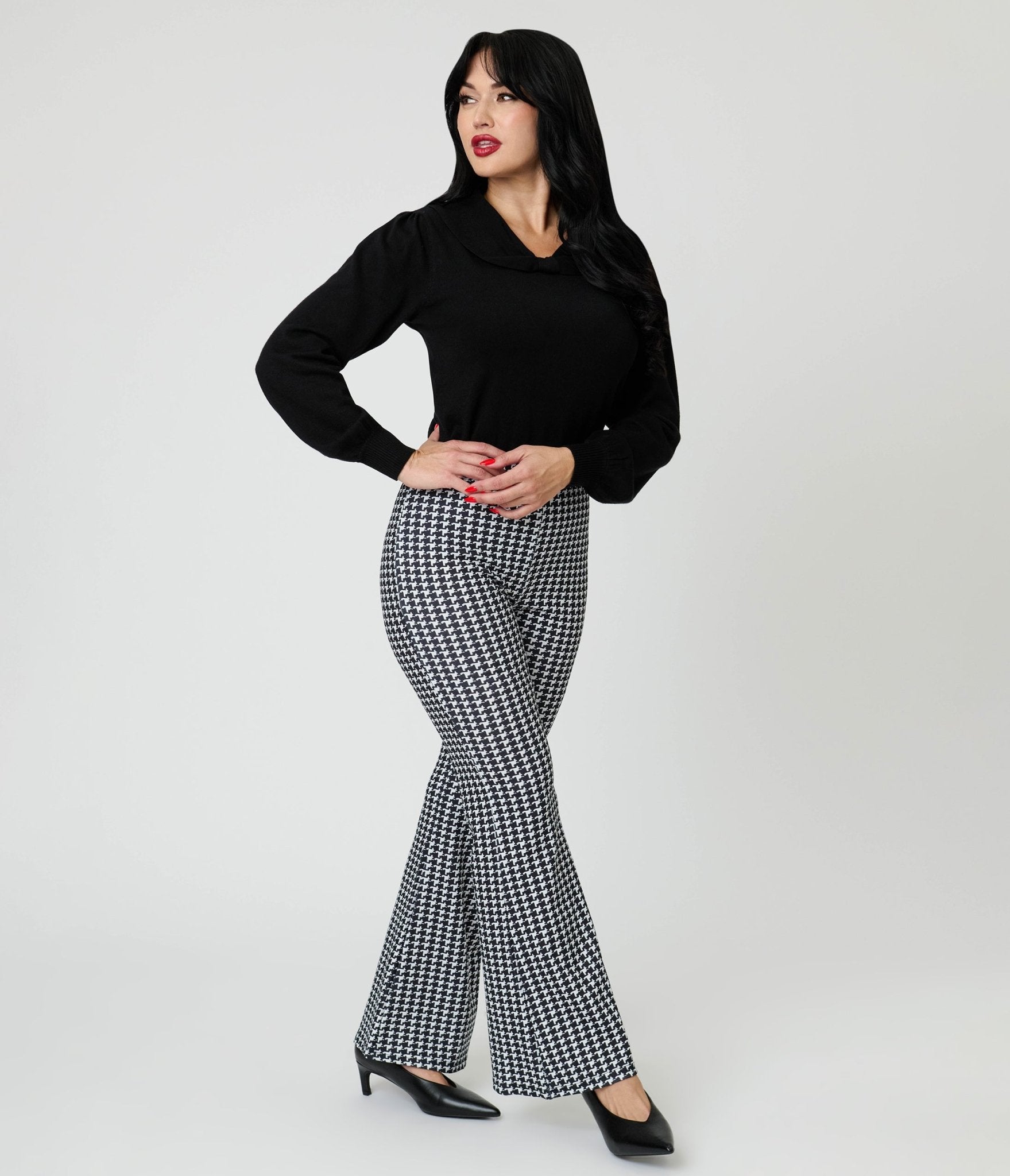Black Houndstooth High Waist Flare Pants - Unique Vintage - Womens, BOTTOMS, PANTS