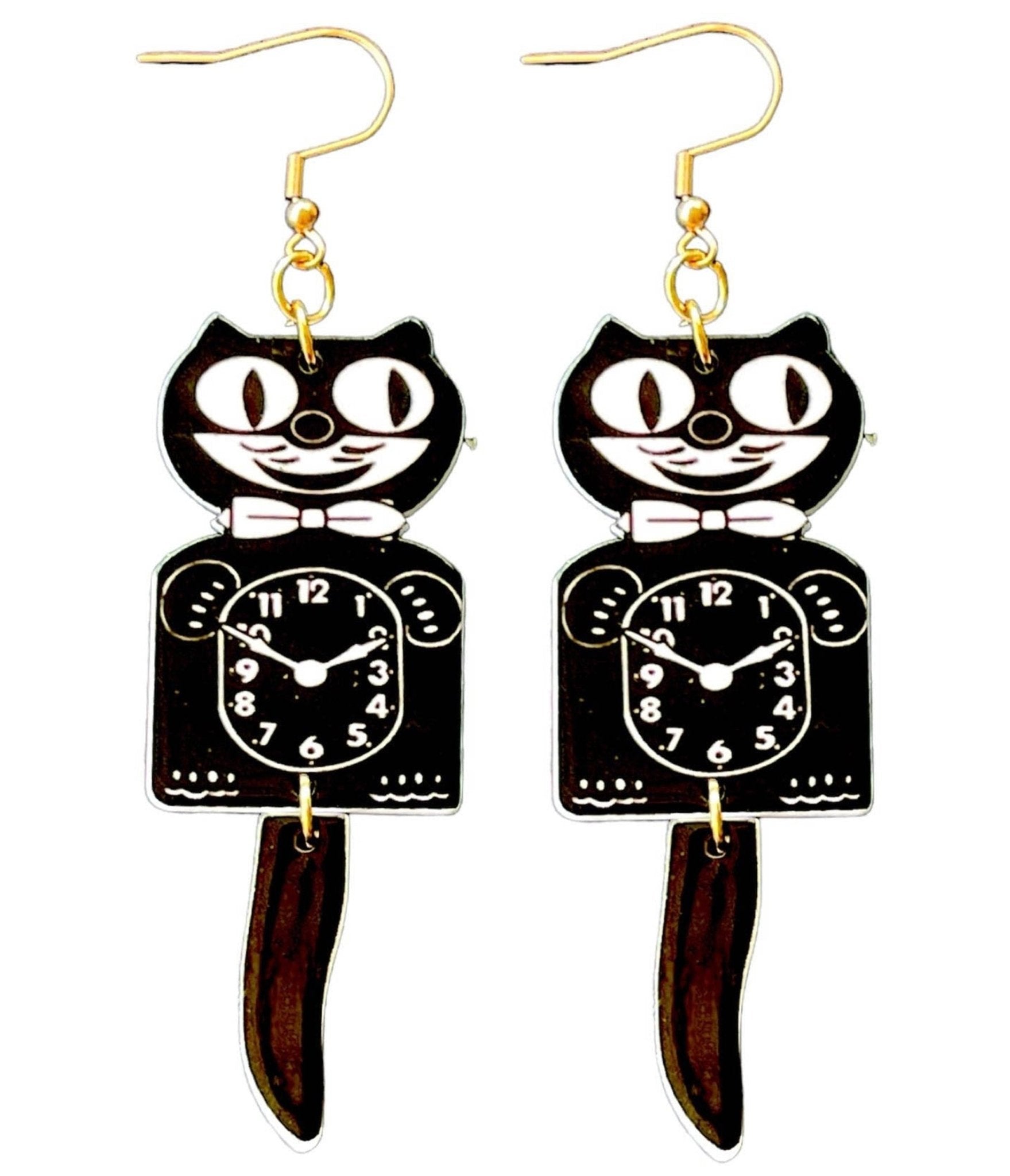 Black Kit Kat Clock Earrings - Unique Vintage - Womens, ACCESSORIES, JEWELRY