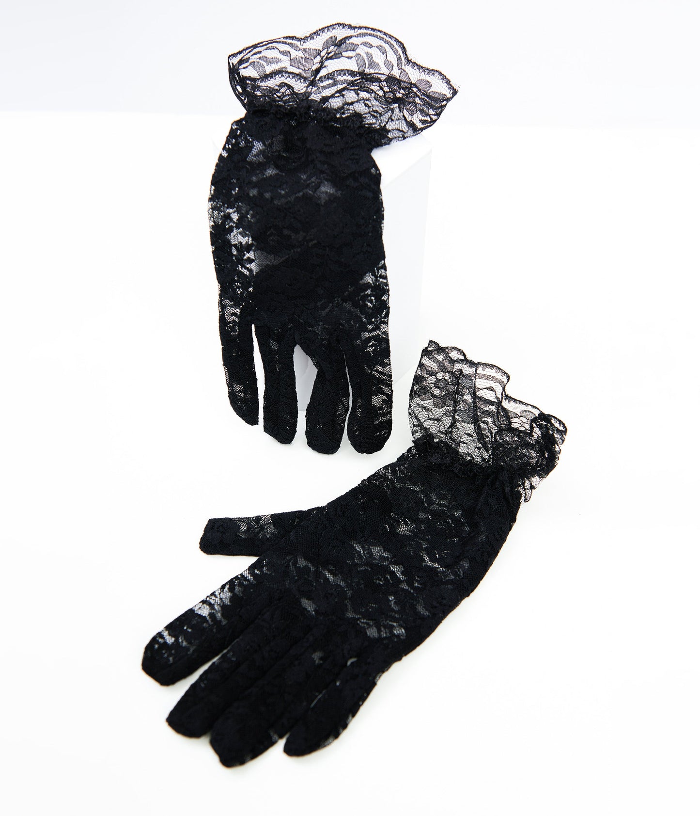 Black Lace Ruffle Gloves - Unique Vintage - Womens, ACCESSORIES, GLOVES/SCARVES